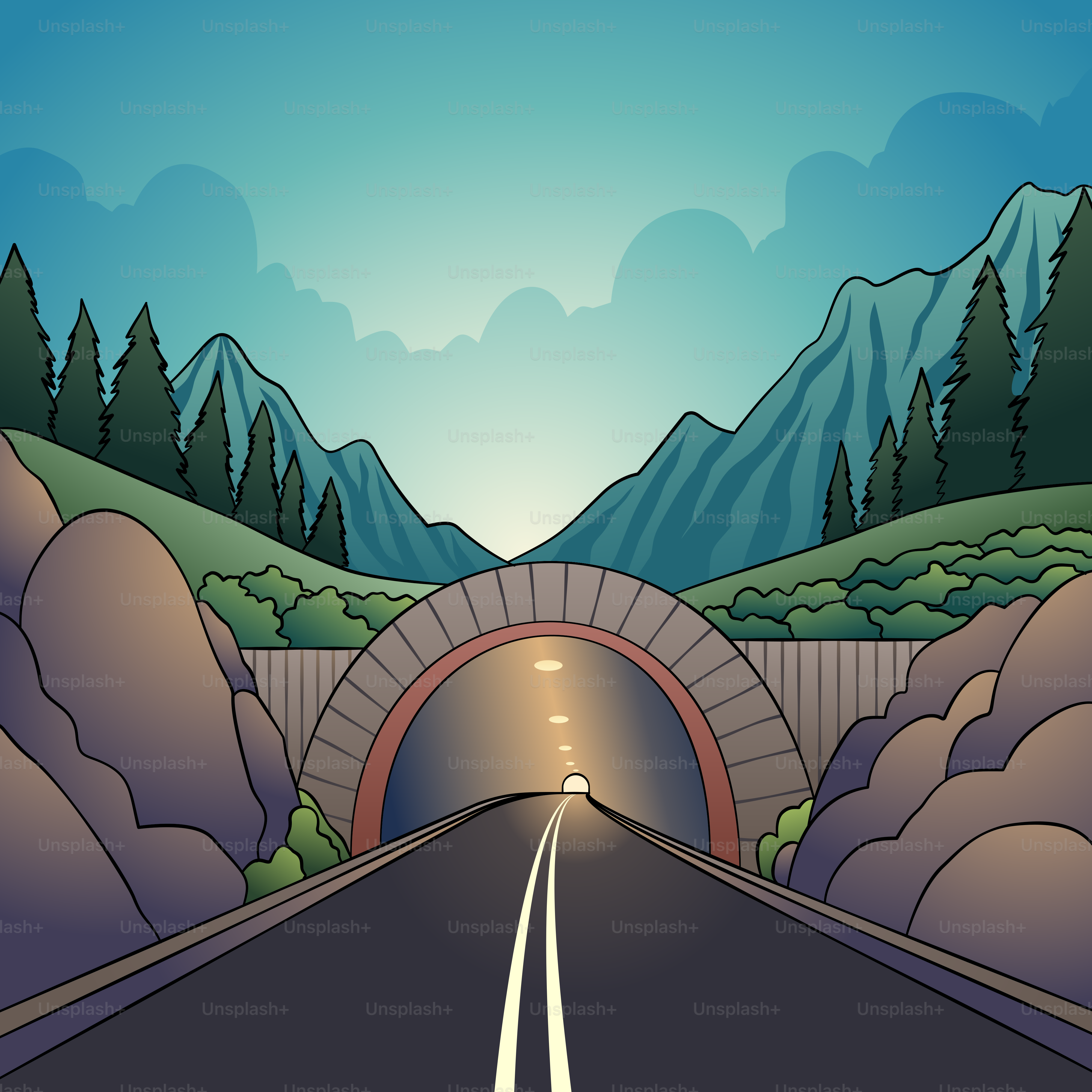 A road going into a tunnel with mountains in the background