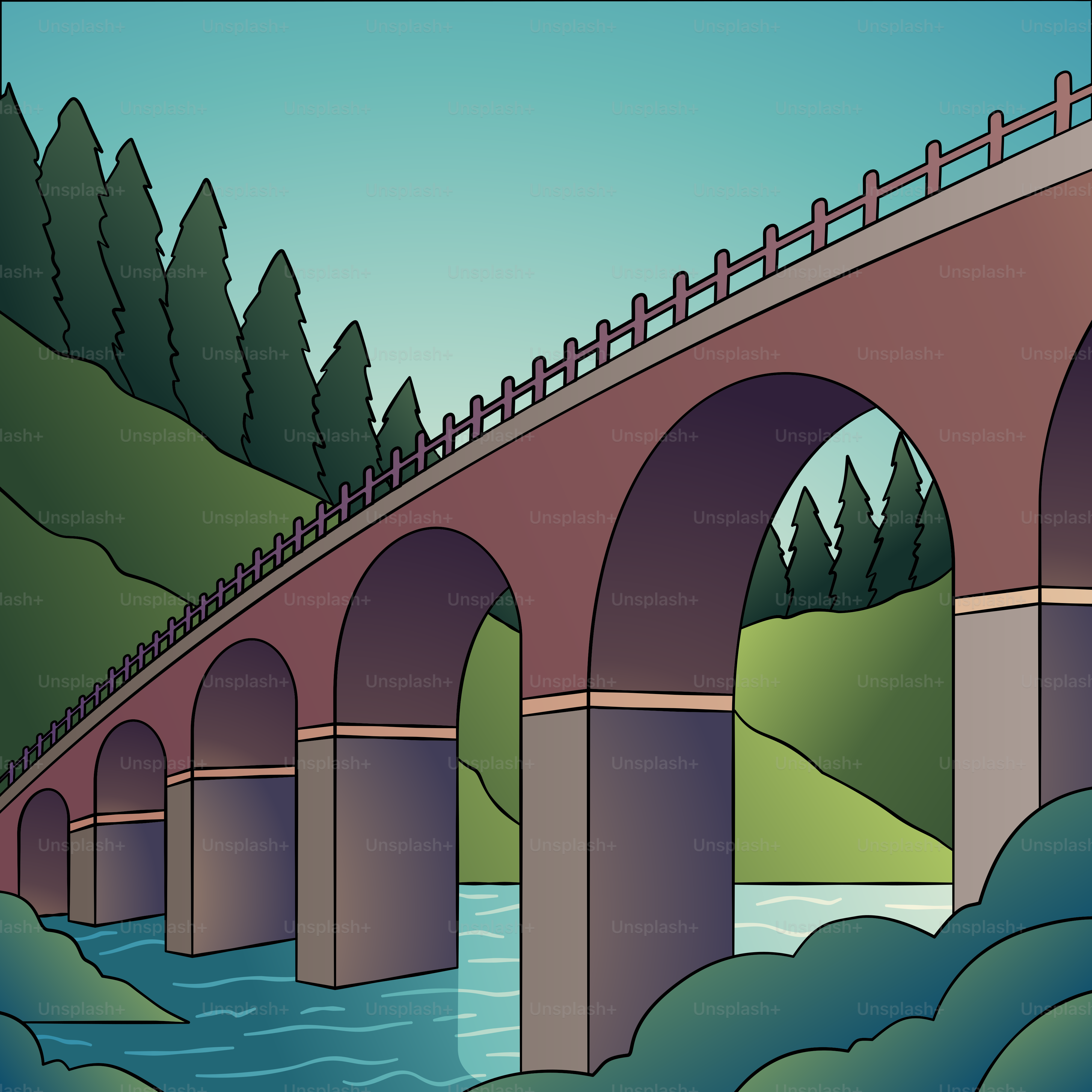 A painting of a bridge over a body of water