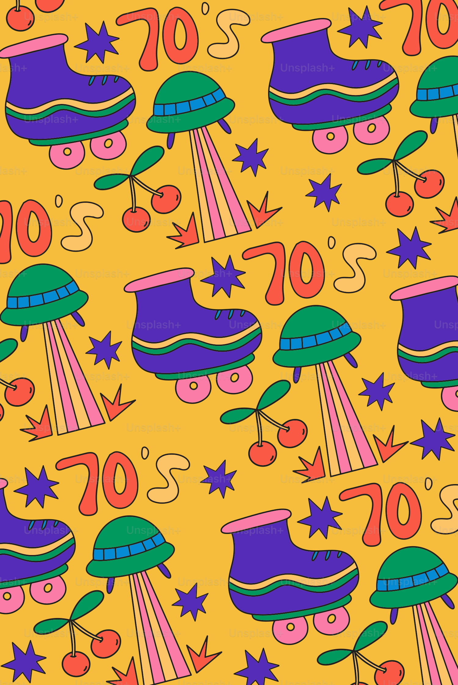 Ein Muster aus Rollschuhen und Sternen auf gelbem Hintergrund