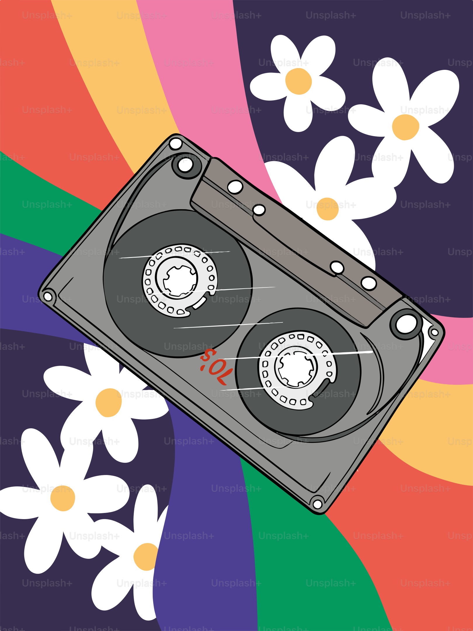 A picture of a cassette on a flowered background
