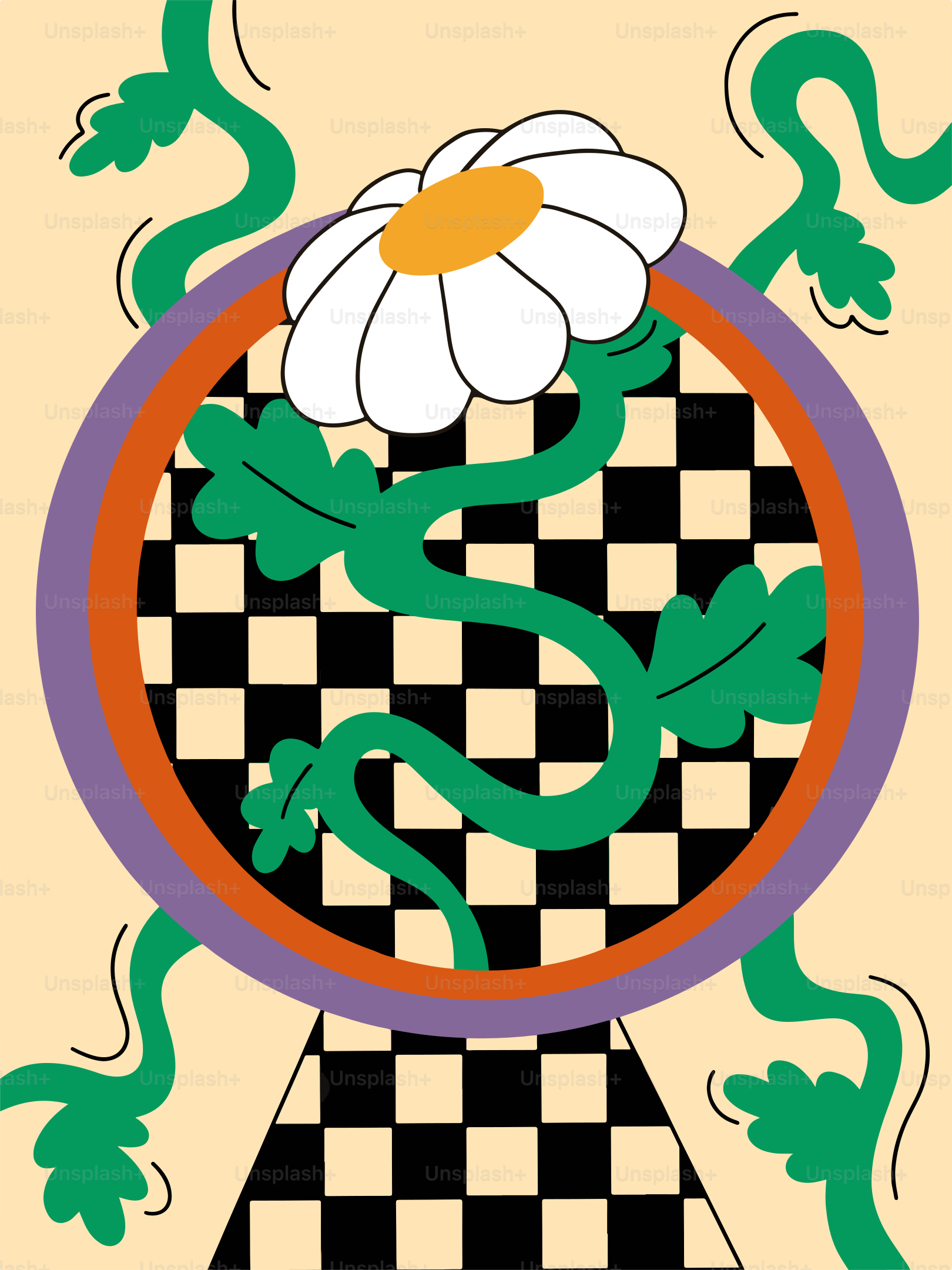 Uma imagem de um lagarto e uma flor em um fundo de xadrez