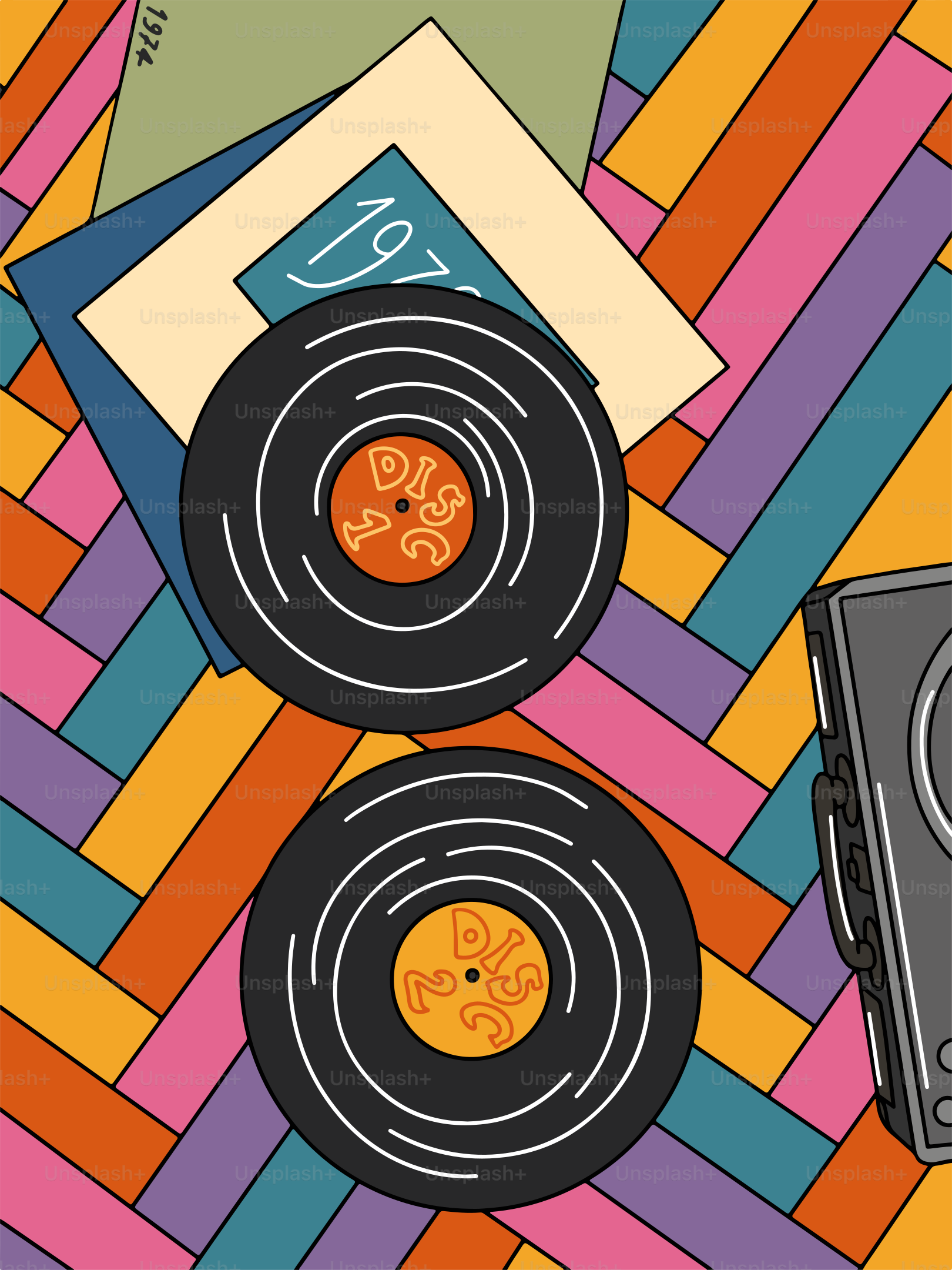 A record player and a cd player on a colorful background