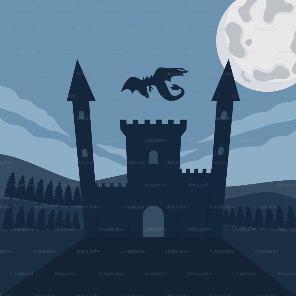 A castle with a full moon in the background