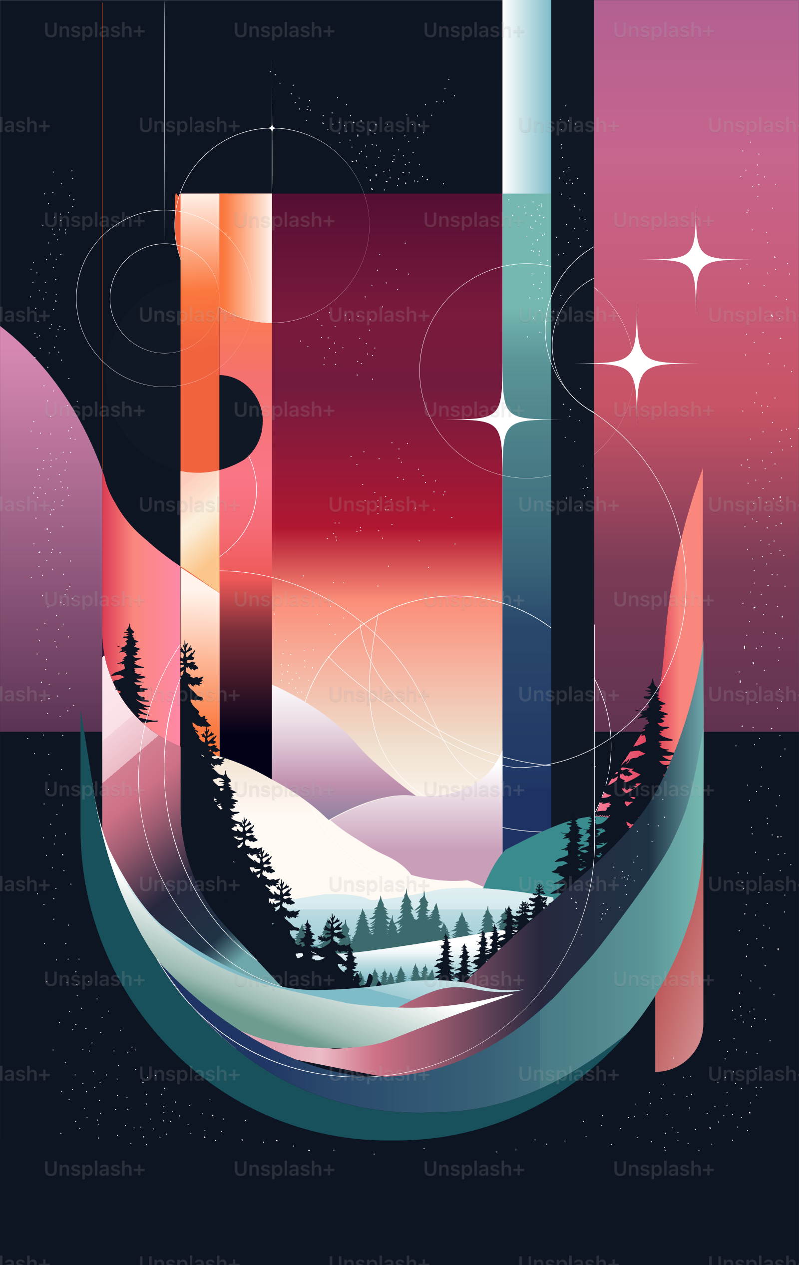 A poster of a landscape with mountains and trees