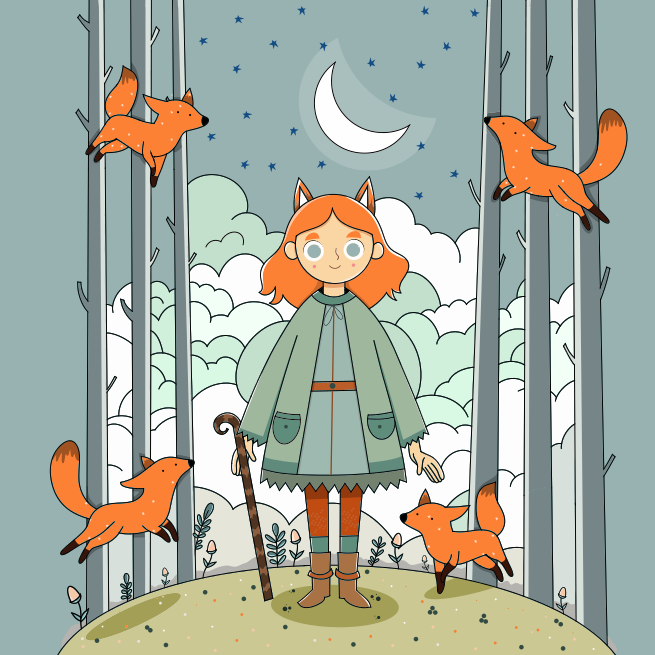 A girl standing in a forest surrounded by foxes