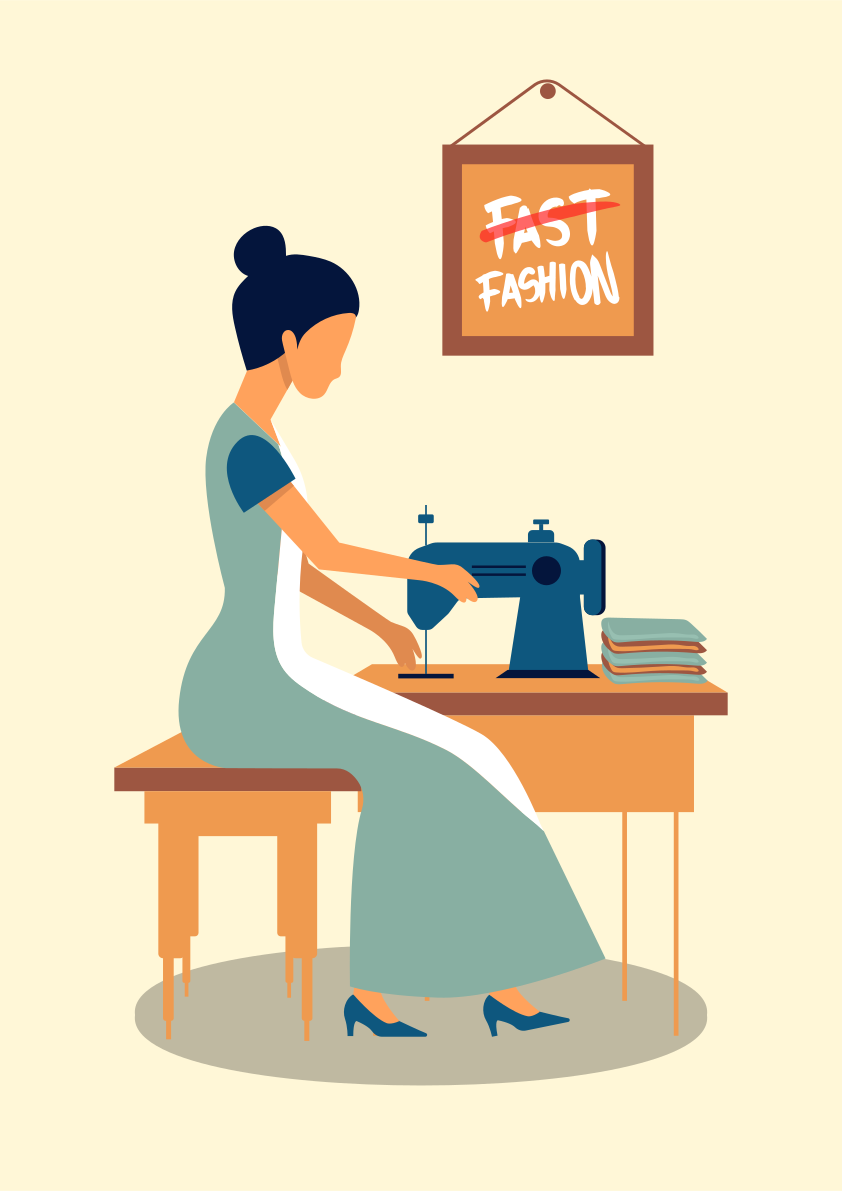 Una mujer sentada en una mesa con una máquina de coser