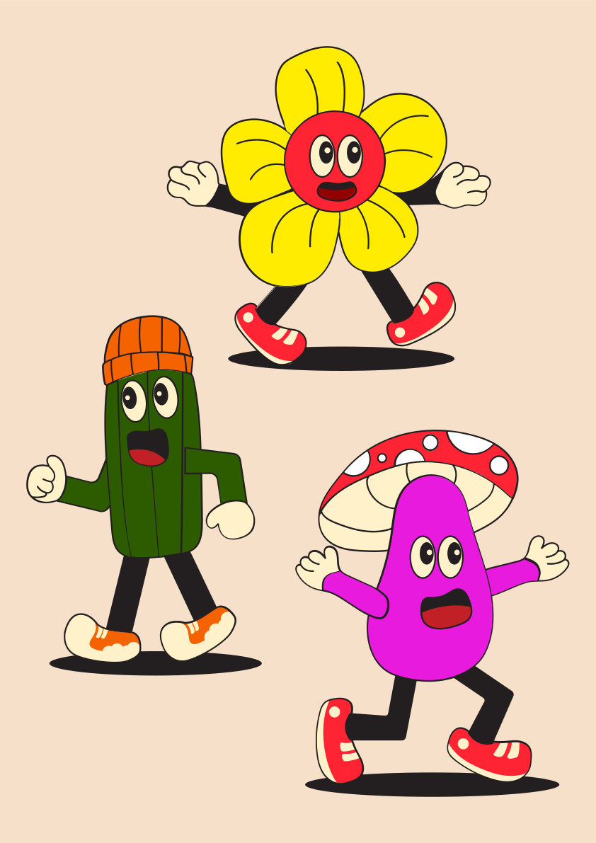 A group of cartoon characters running together