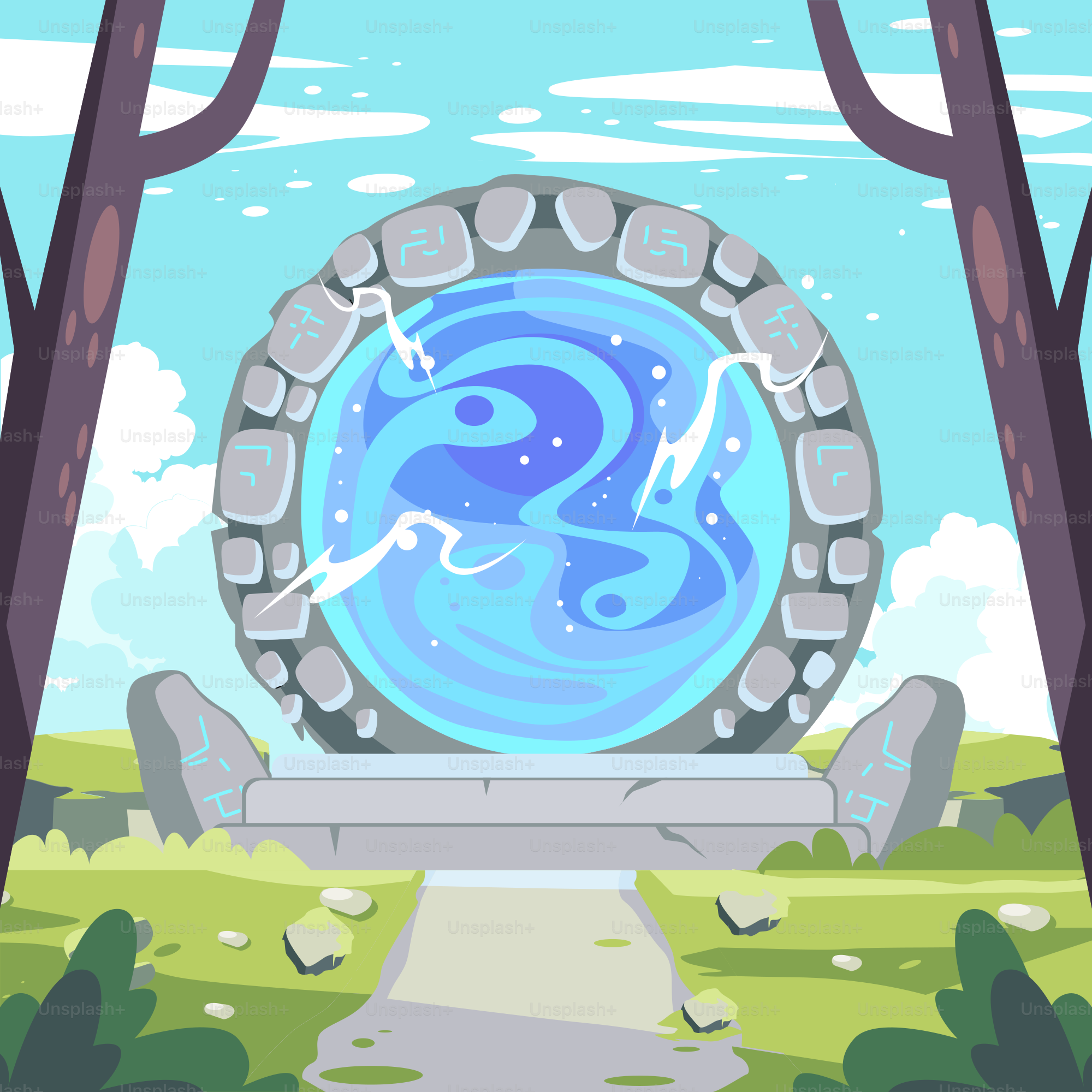 A cartoon scene with a path leading to a portal