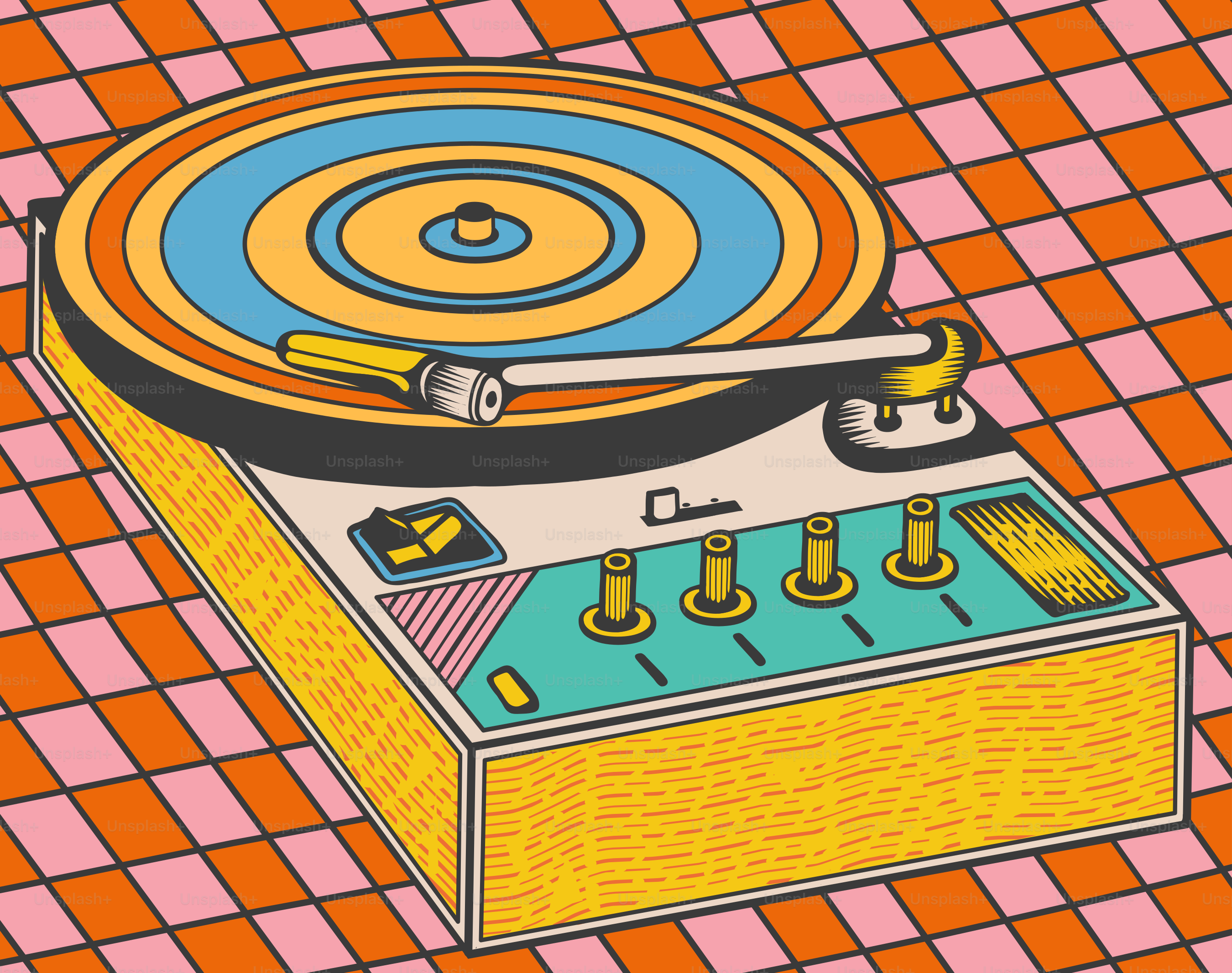 A record player sitting on top of a checkered floor
