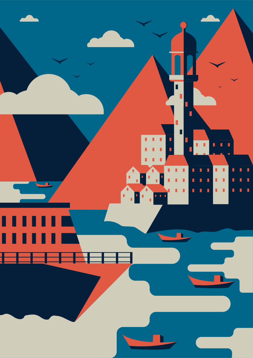 A painting of a city with mountains and boats