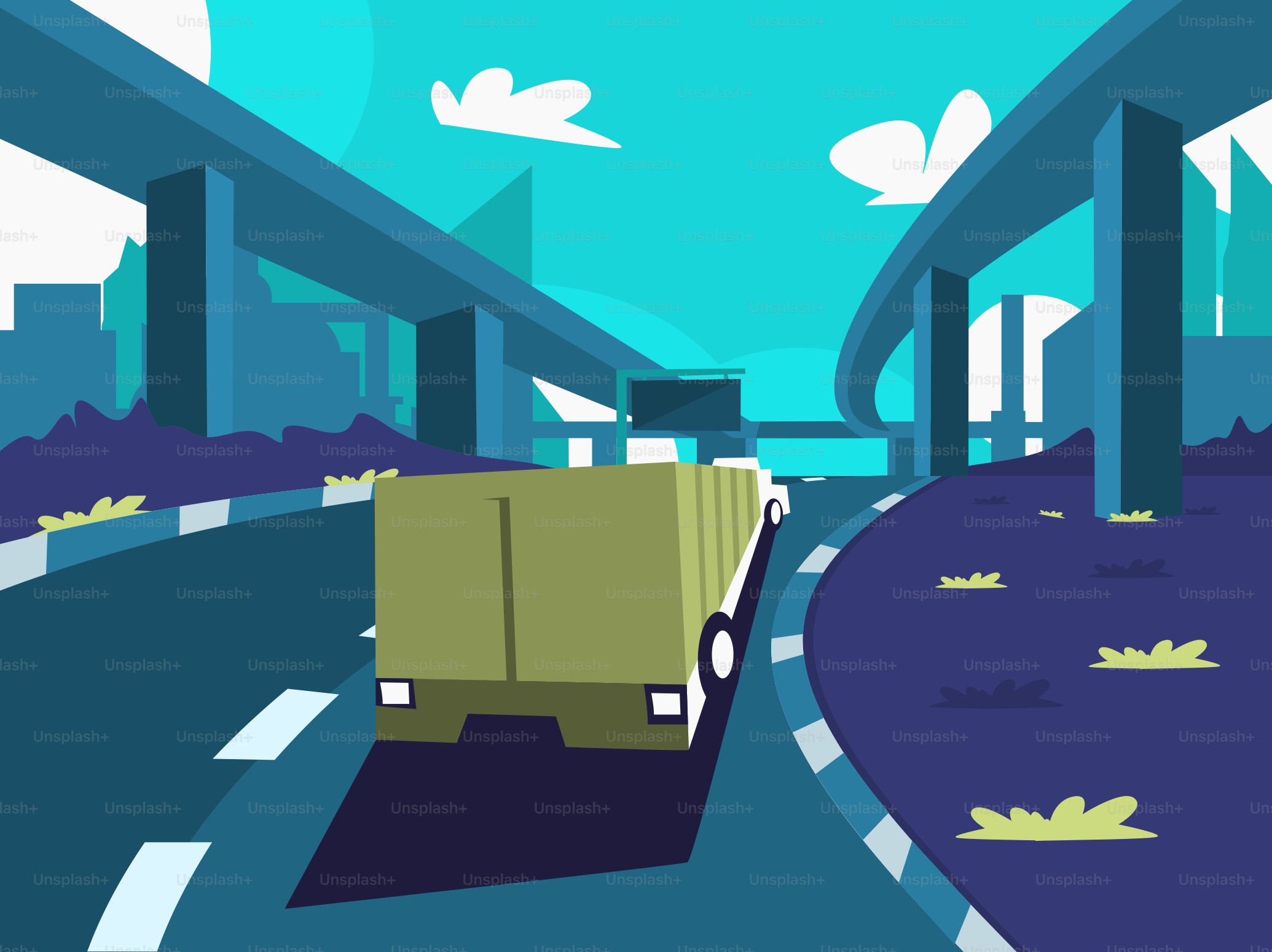 A yellow truck driving down a road next to tall buildings