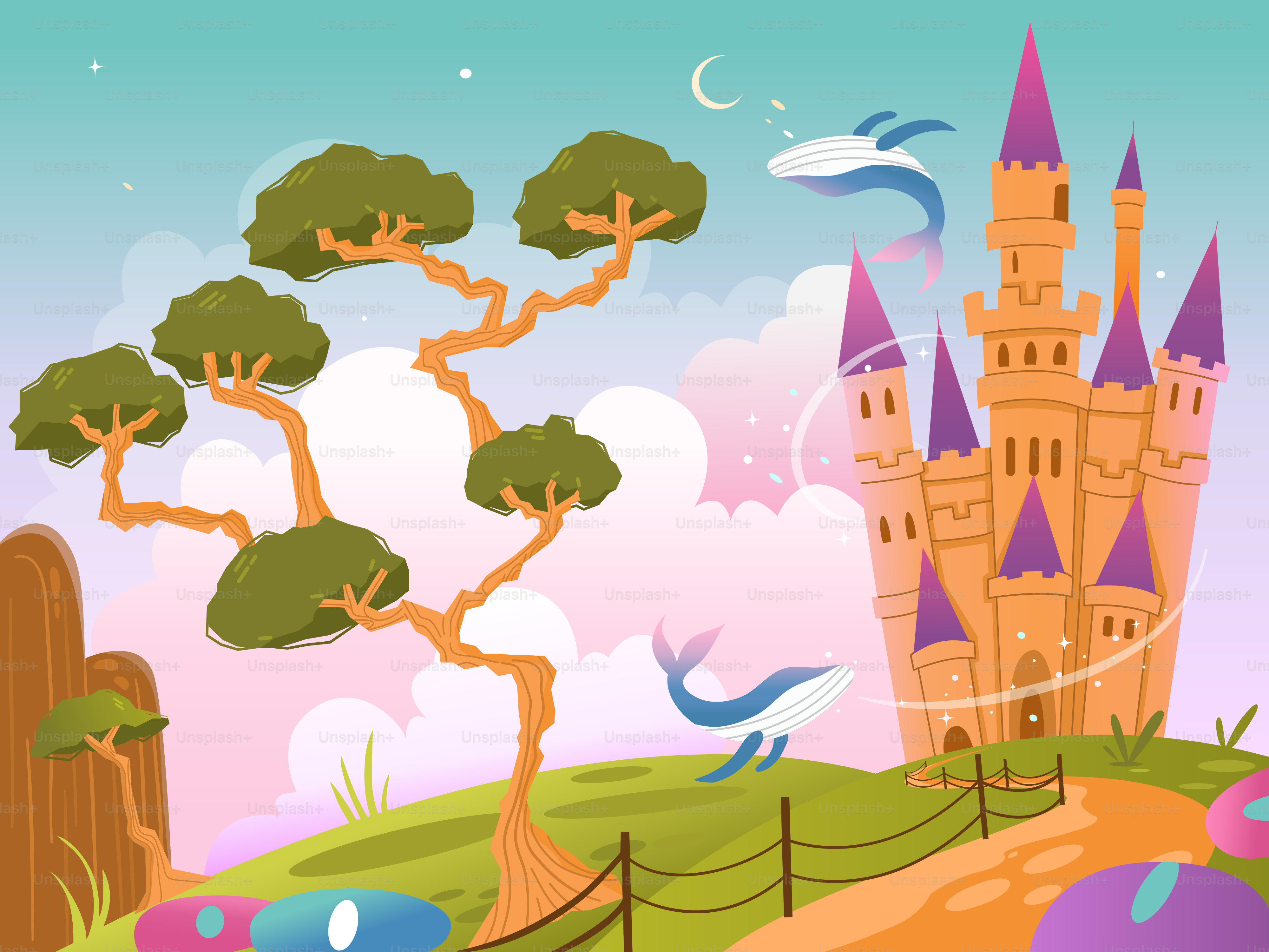 A cartoon of a castle on a hill