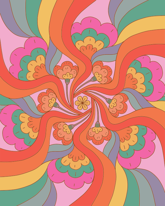 A picture of a colorful flower design on a pink background