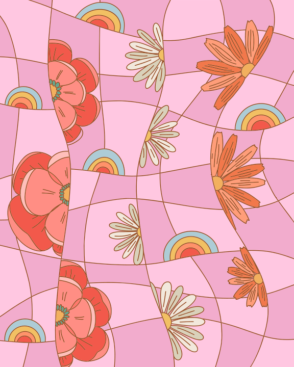 A pattern with flowers and rainbows on a pink background