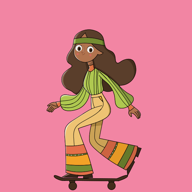 Une femme faisant du skateboard sur un fond rose