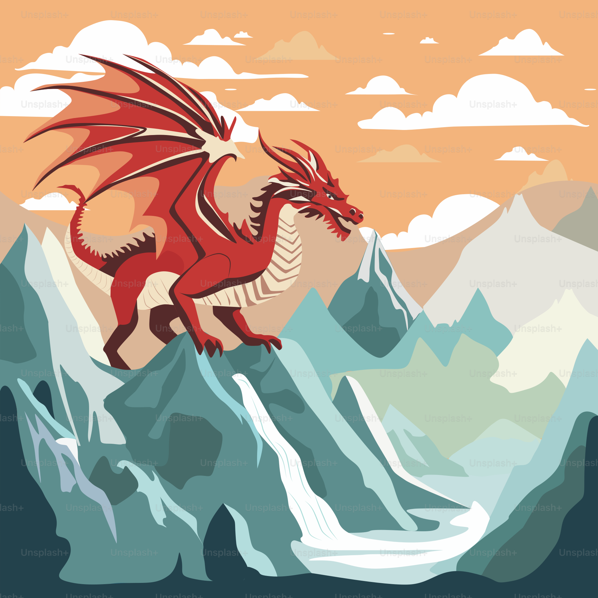 A red dragon is flying over a mountain