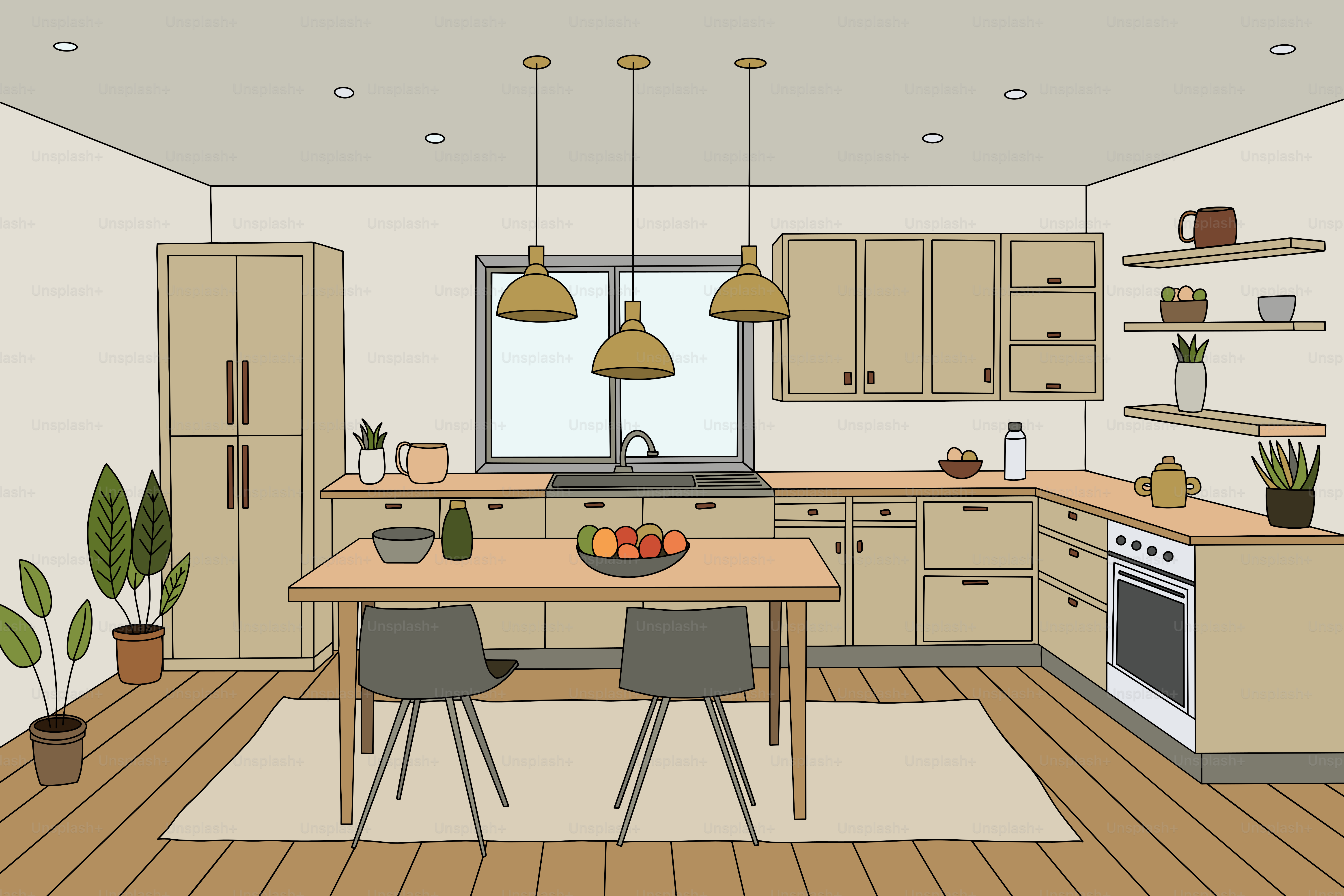 A drawing of a kitchen with a table and chairs vector – Kitchen Image on  Unsplash, image size:3000x2000