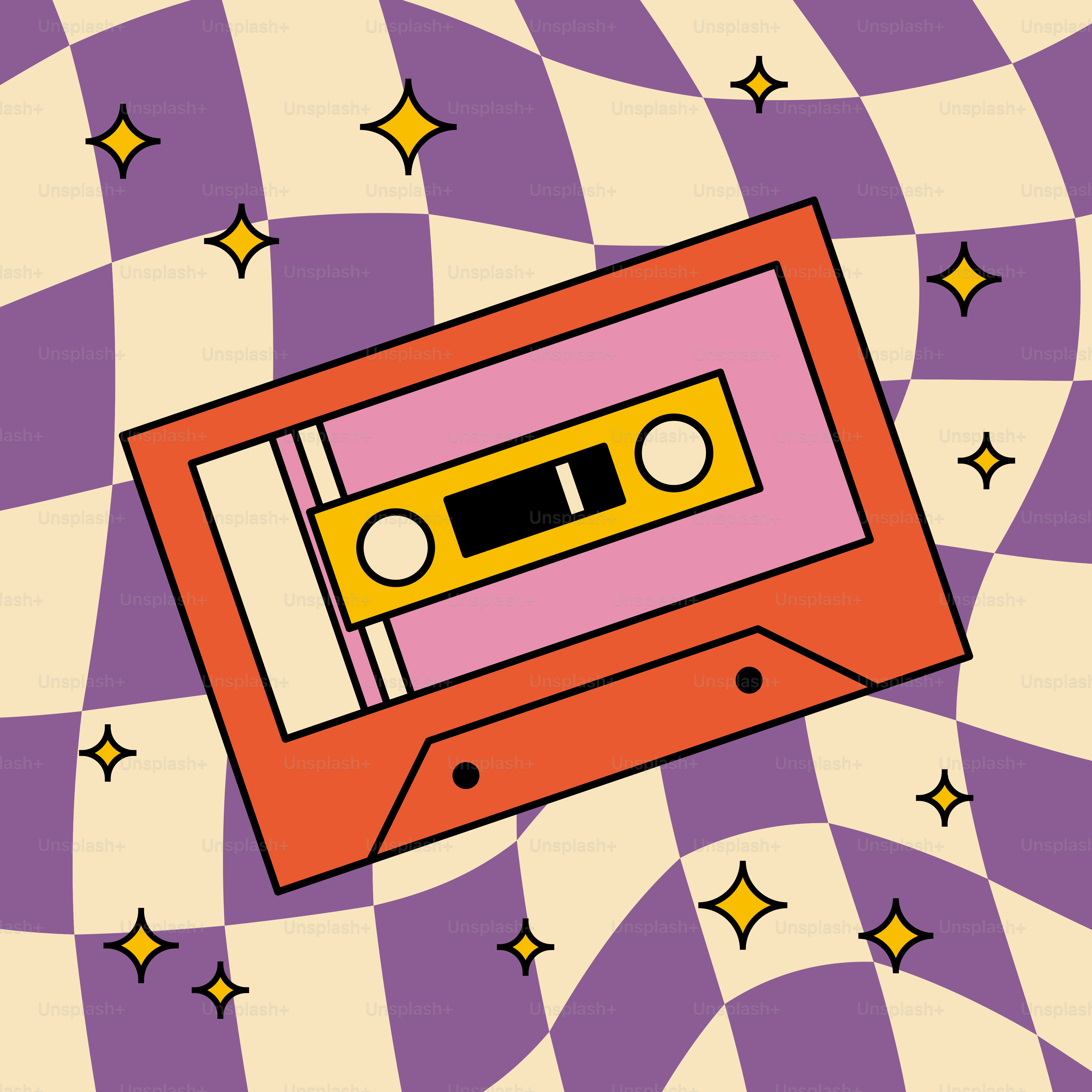 An old school audio cassette on a purple and white checkered background