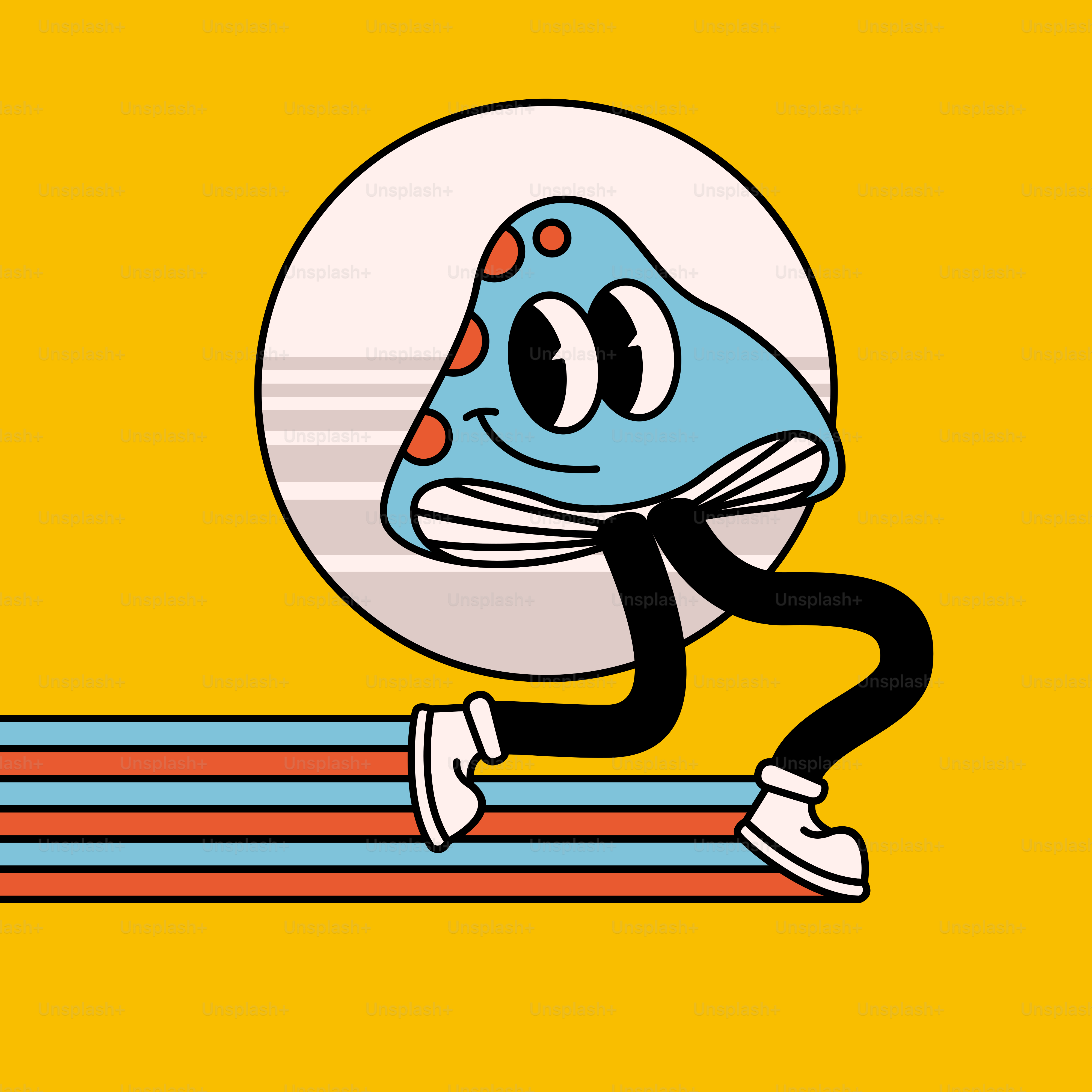 A cartoon character is running on a bench