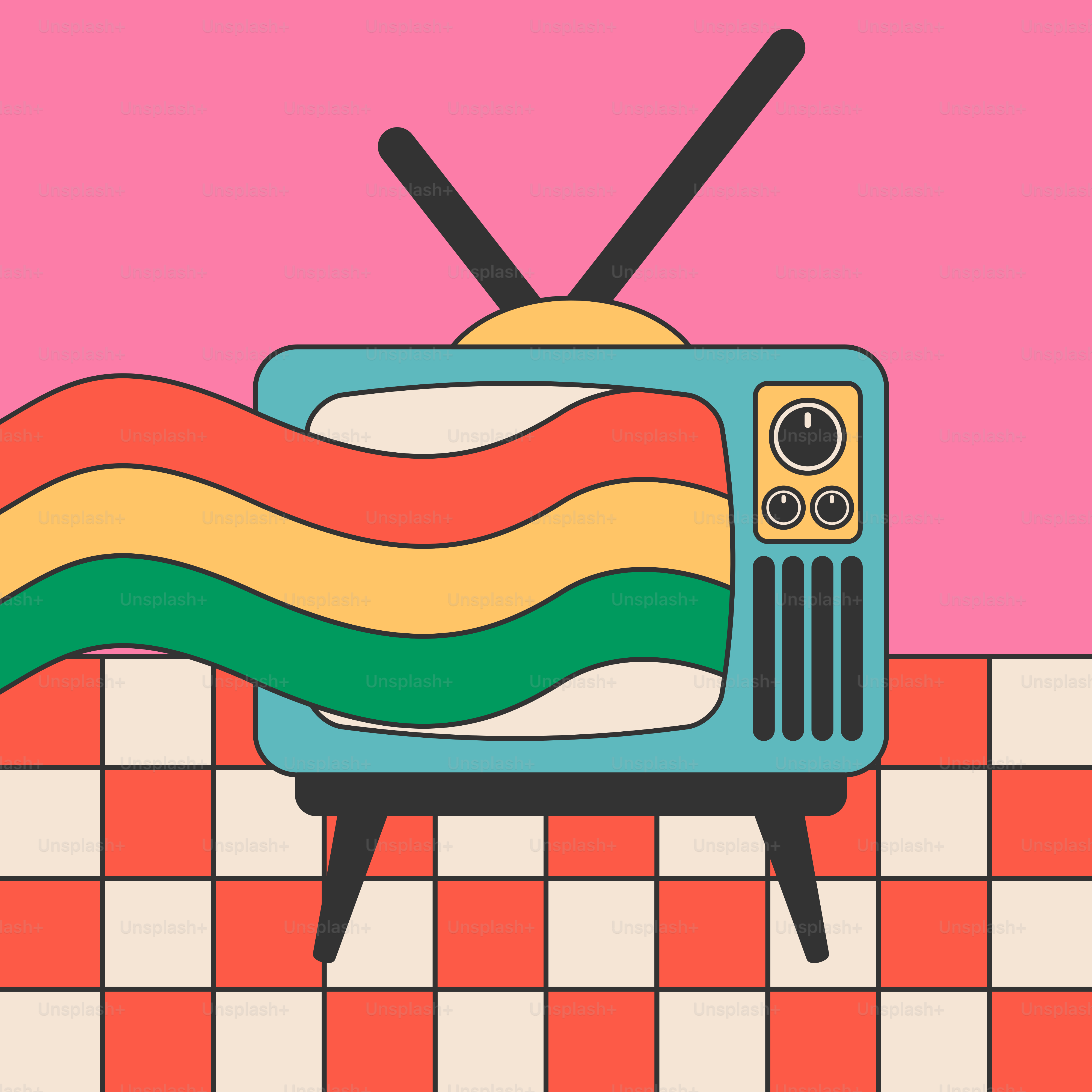 Ein Fernseher, der auf einer gefliesten Theke steht