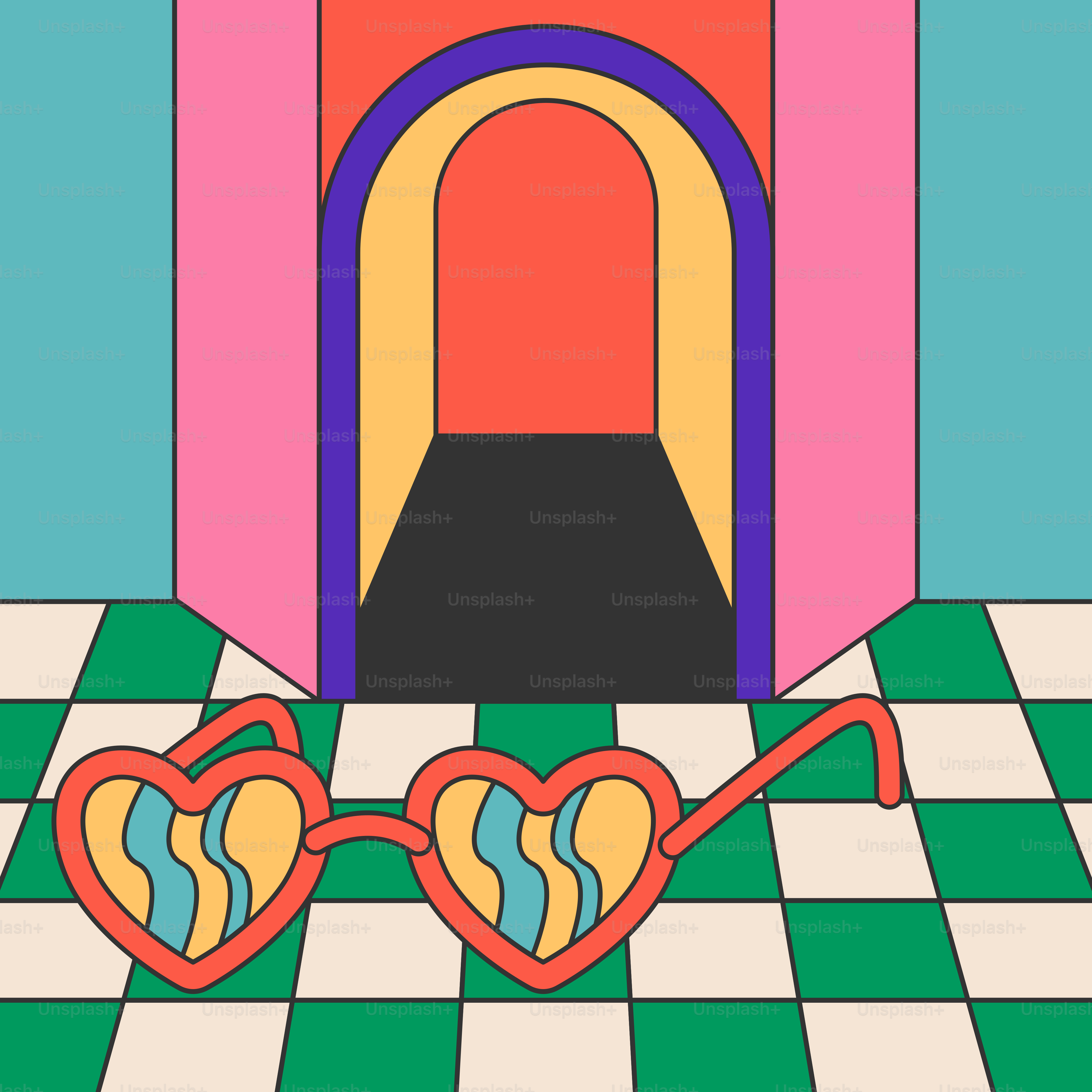 A room with a checkered floor and two heart shaped glasses