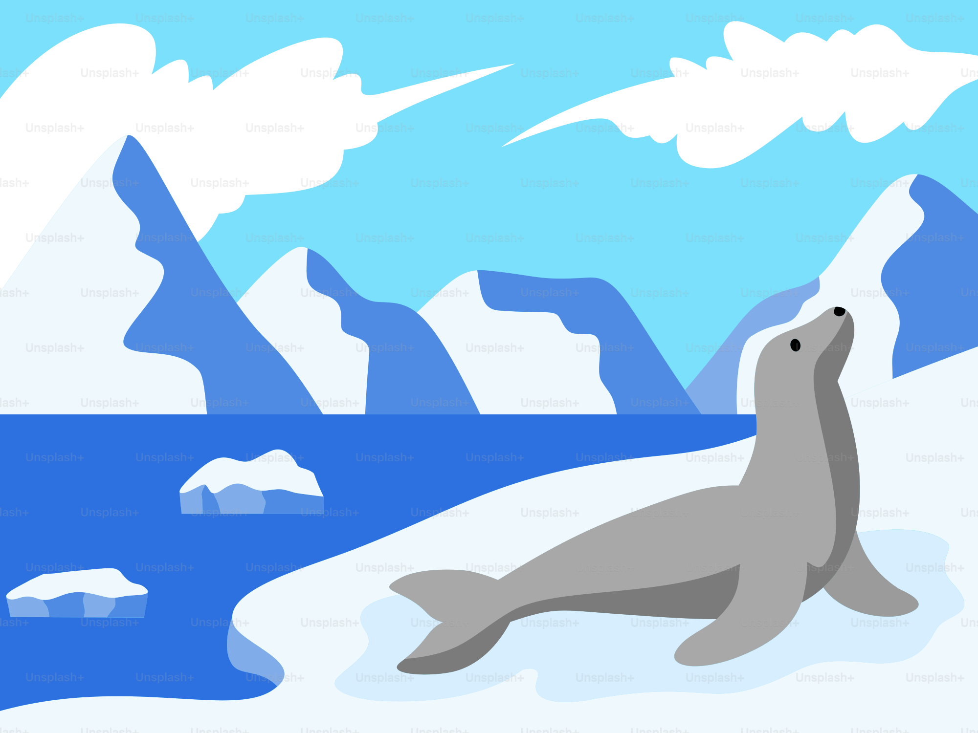 A seal is sitting in the snow by the water