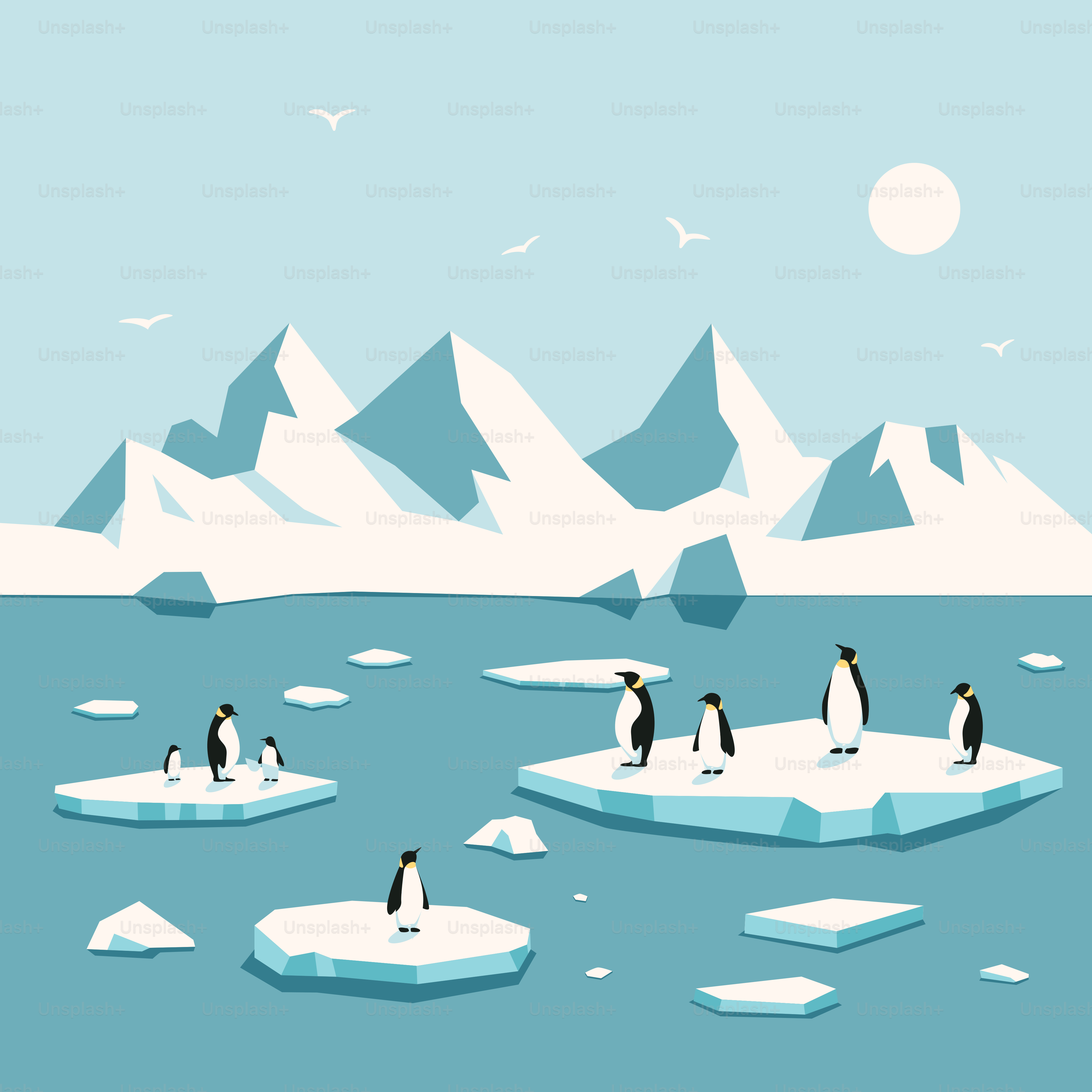 Um grupo de pinguins está em pé sobre blocos de gelo