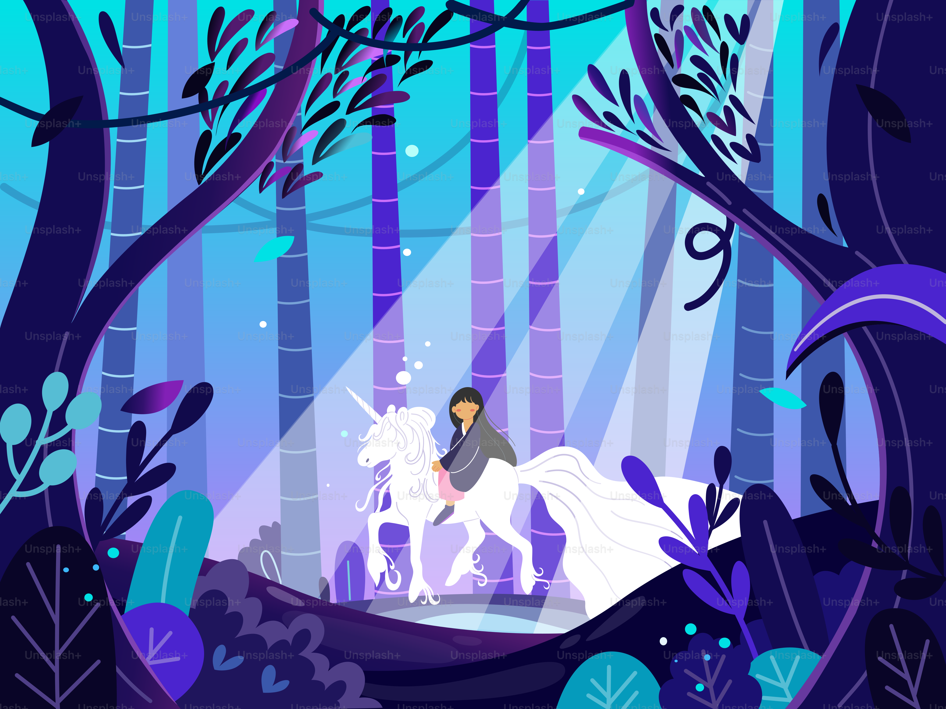 A man riding a white horse through a forest