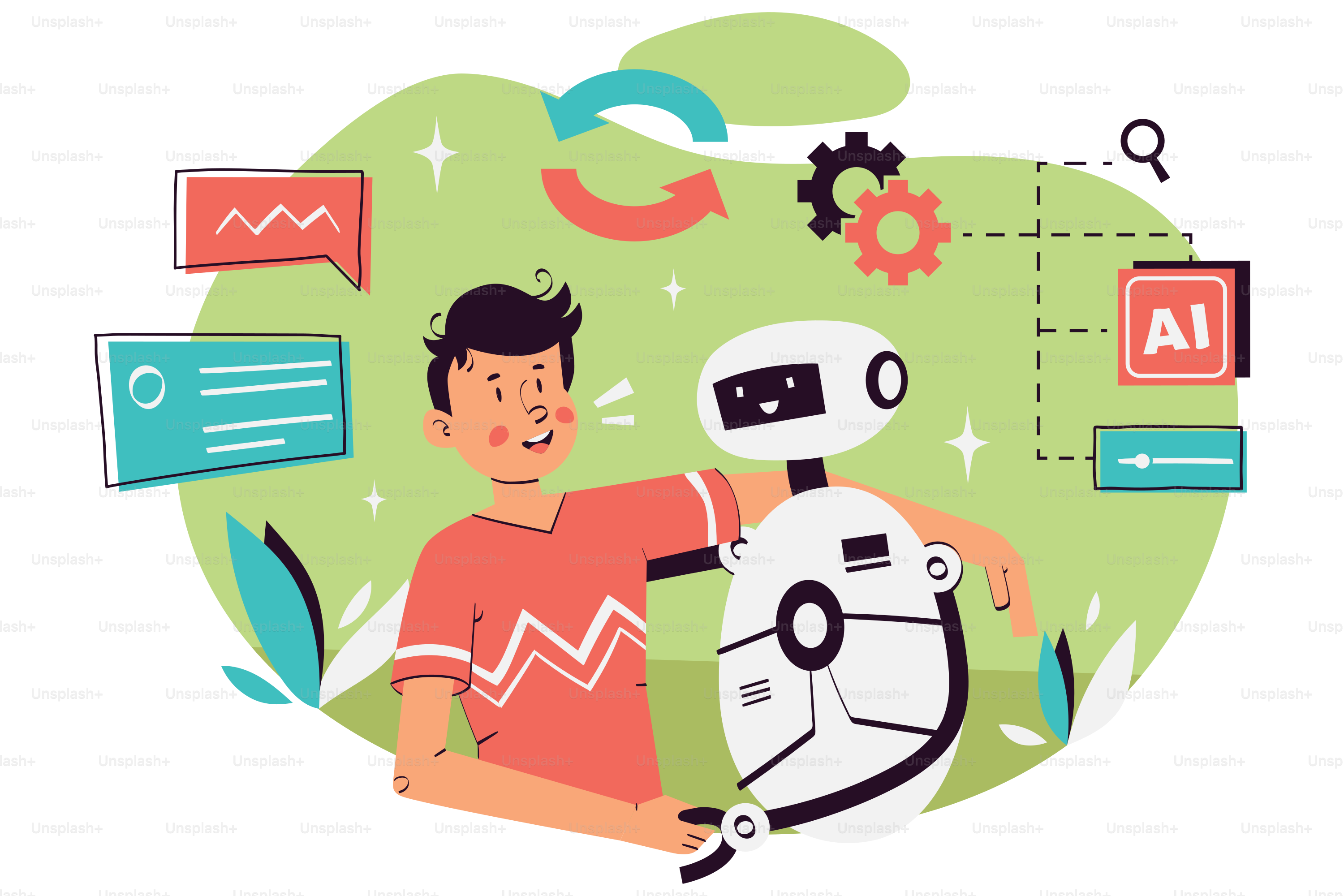 A man sitting next to a robot on top of a green field