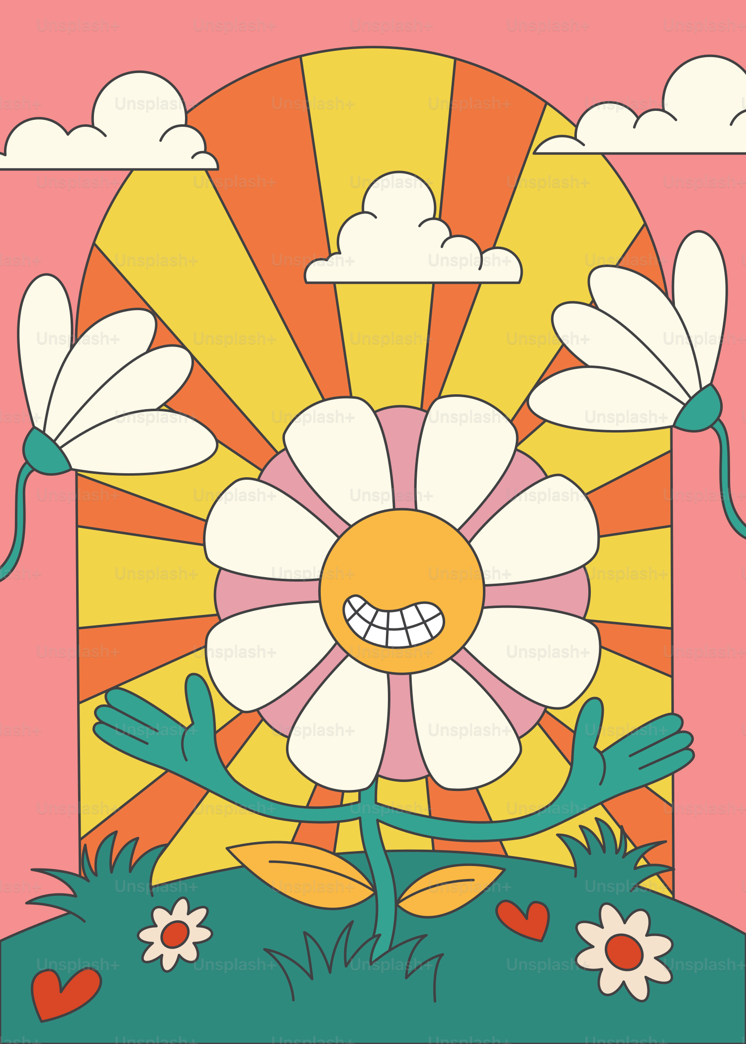 A cartoon character with a flower on a pink background