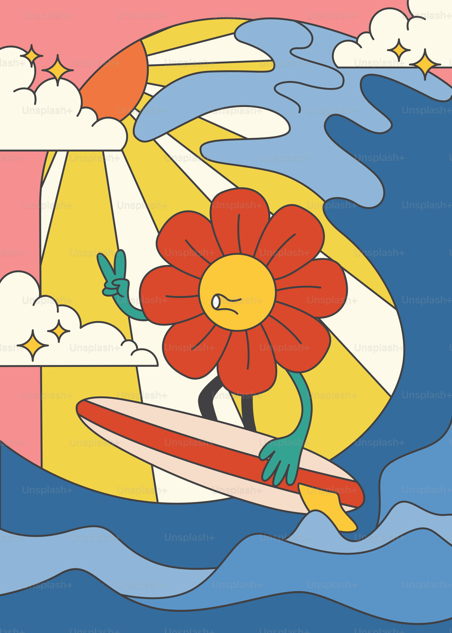 A painting of a person riding a surfboard on a wave