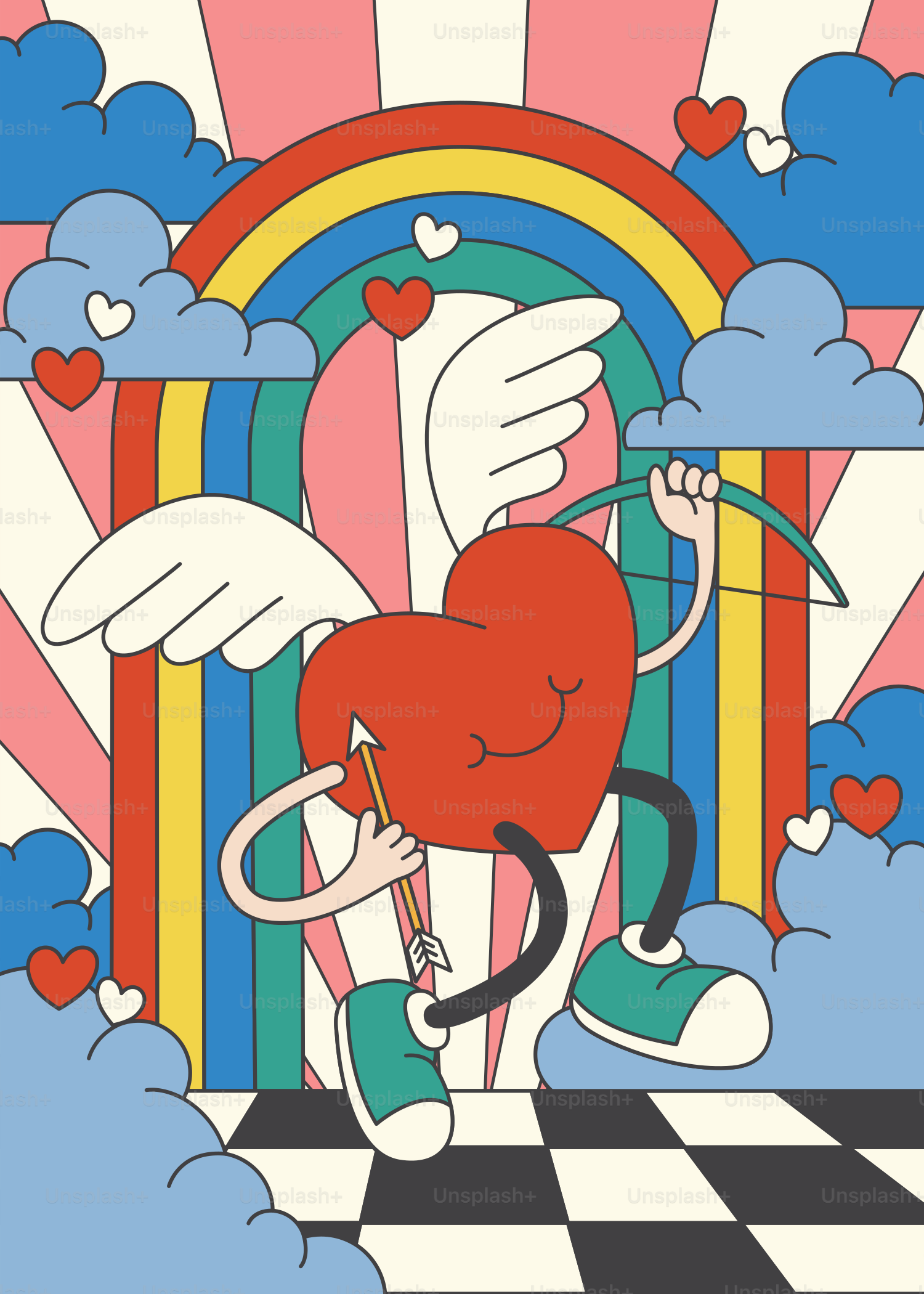 A drawing of a heart with wings on a checkered floor