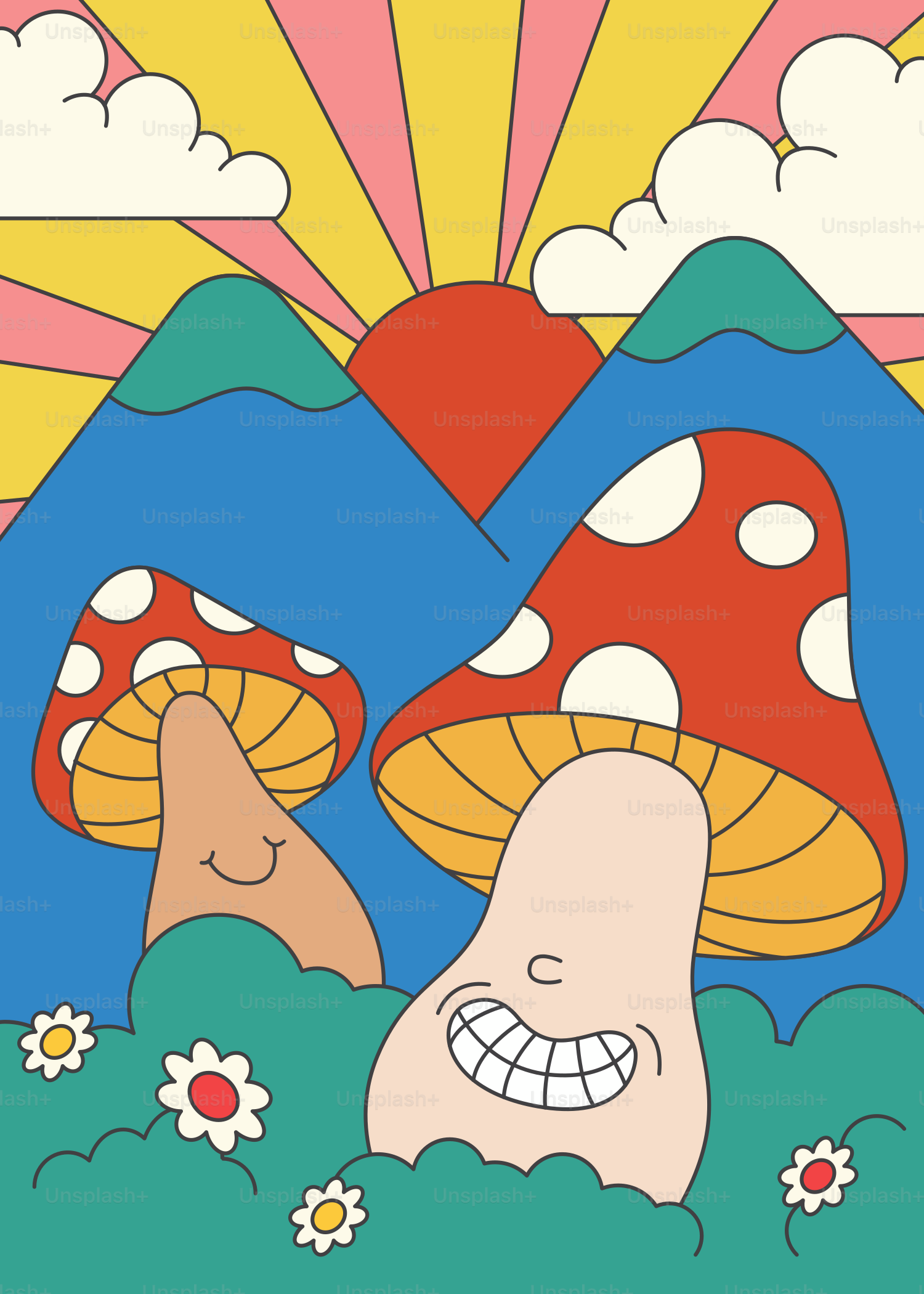 A painting of mushrooms in a field with a sun in the background