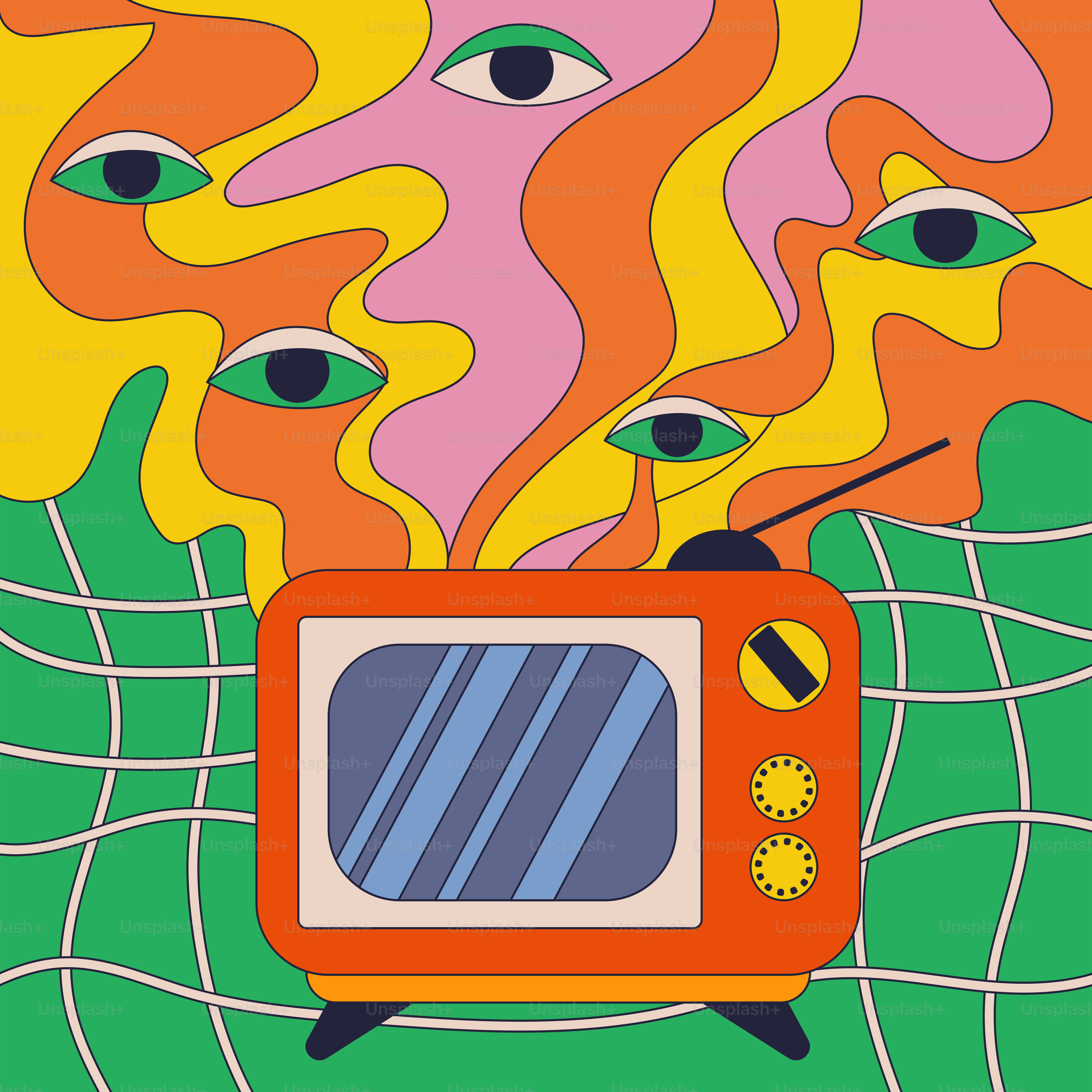 Uma pintura de uma TV com olhos saindo dela