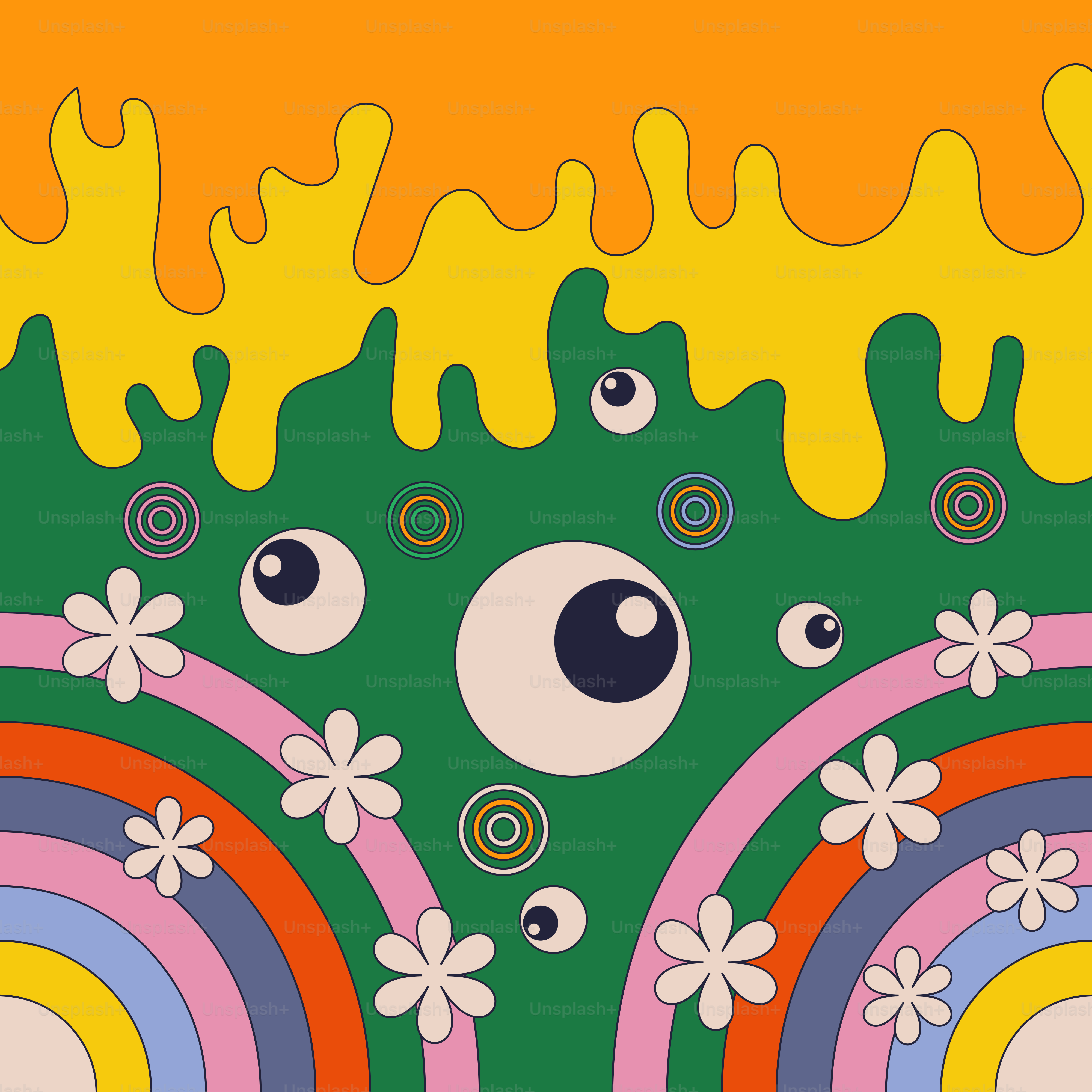 Une peinture d’un arbre aux yeux et à l’arc-en-ciel