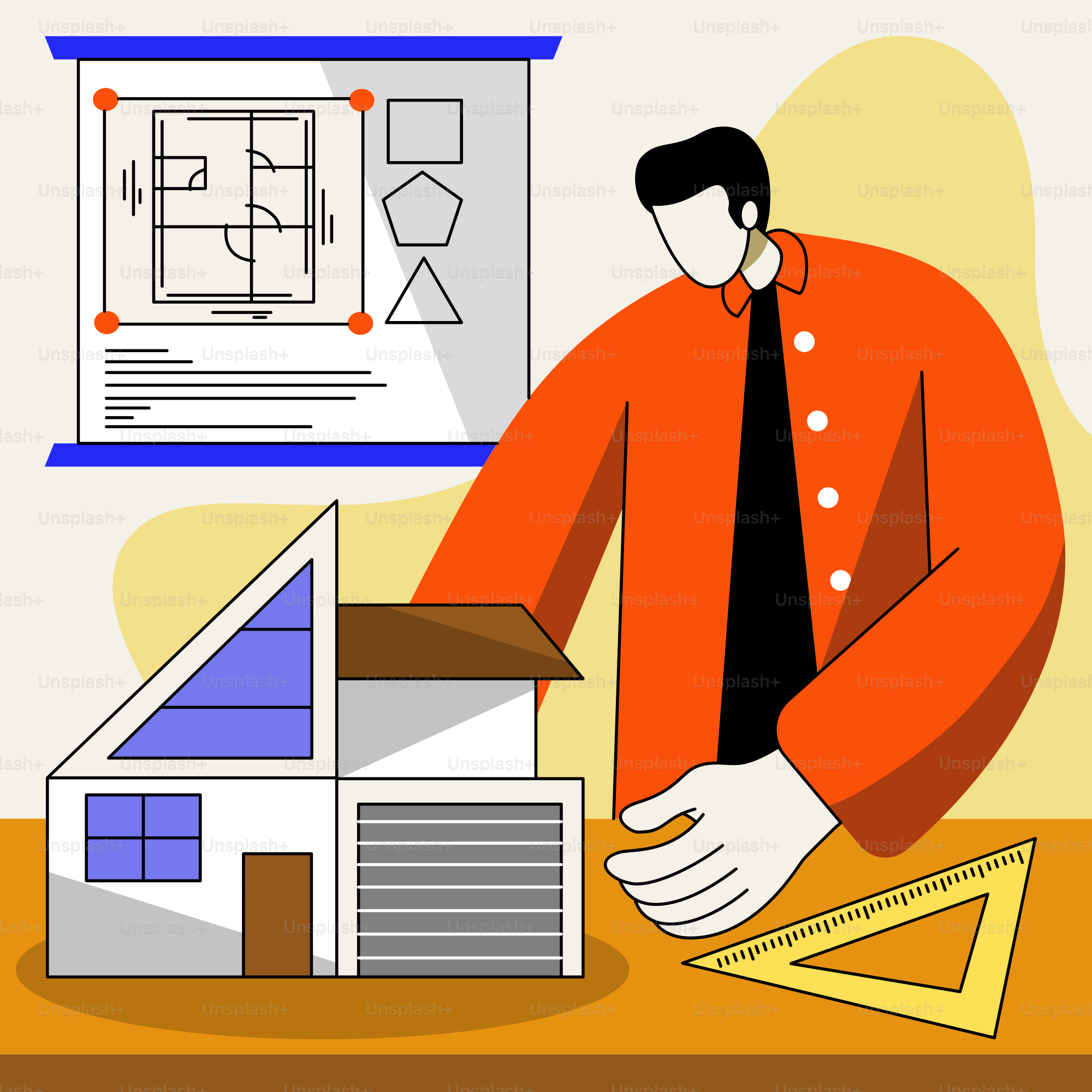 A man in an orange shirt and tie standing next to a model of a house