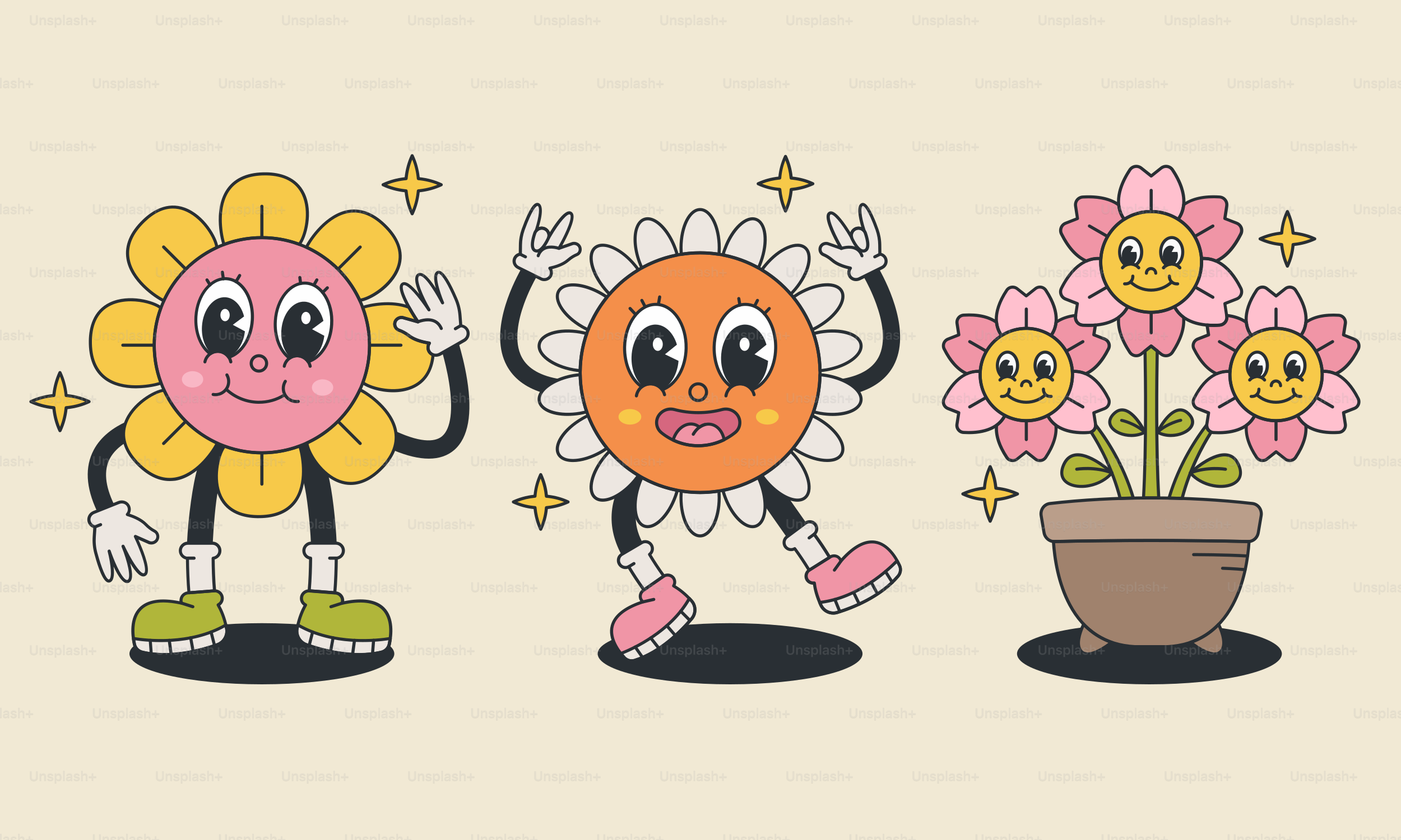 Un grupo de tres flores de dibujos animados de pie una al lado de la otra