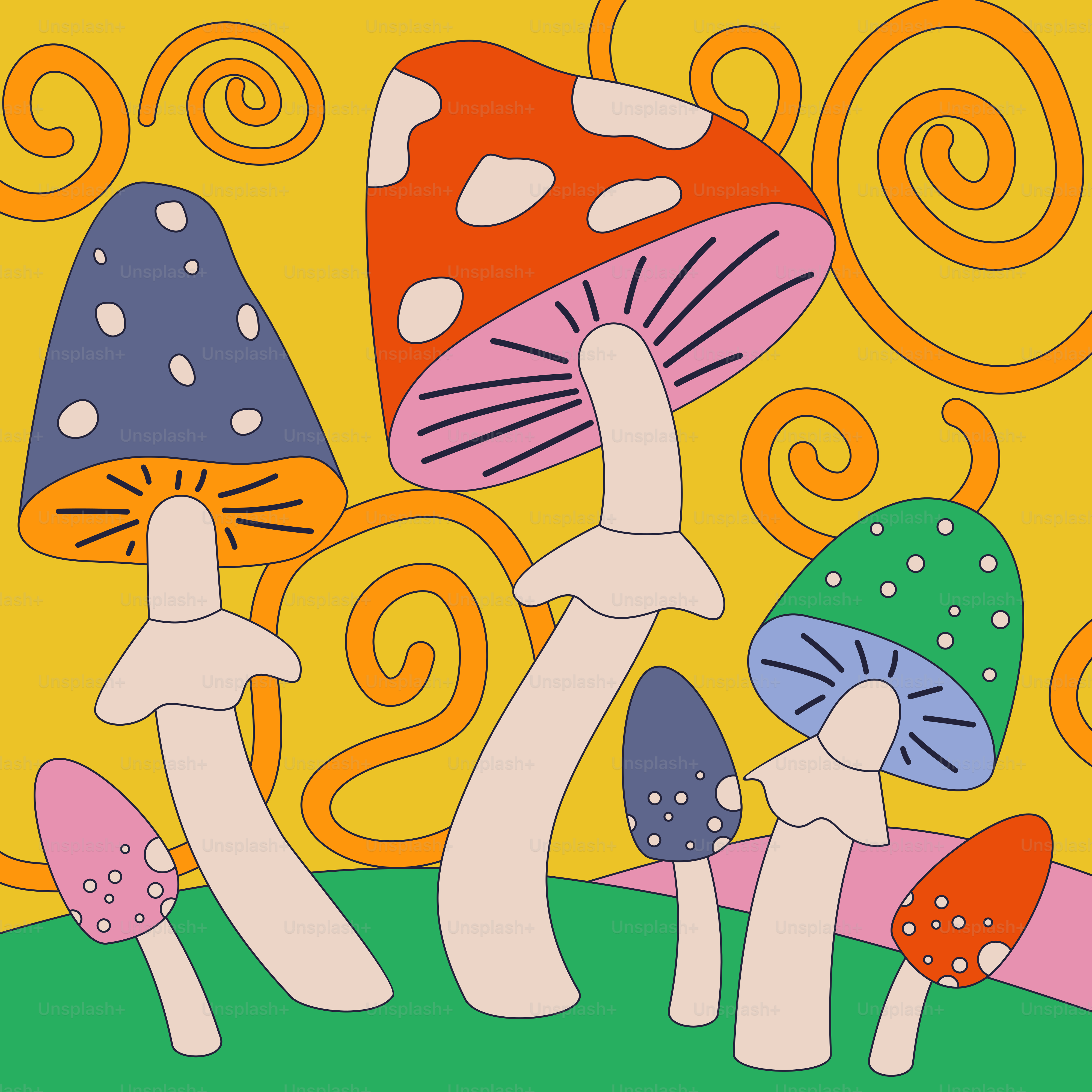 Una pintura de un grupo de setas en un campo