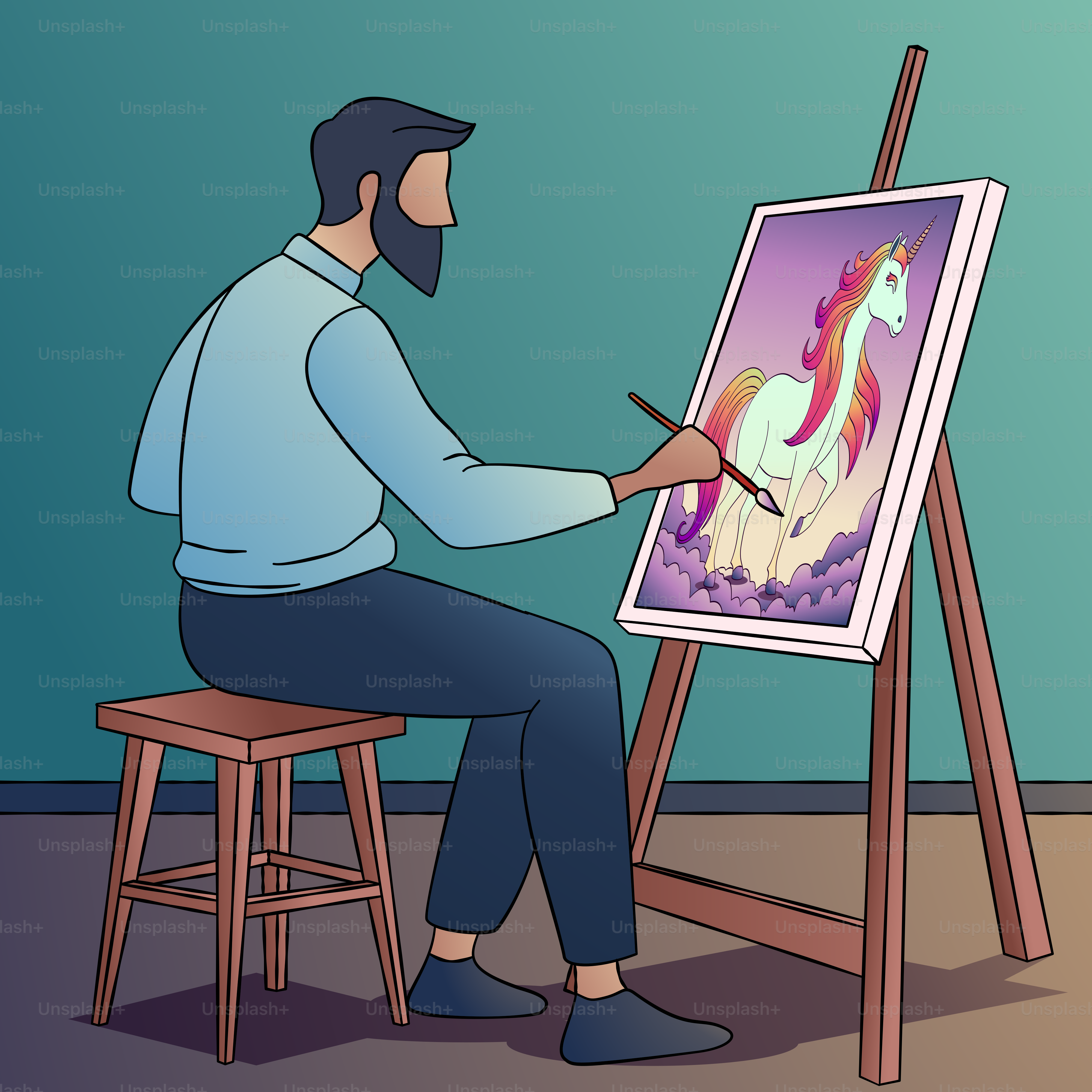 A man is painting a picture of a horse on a easel