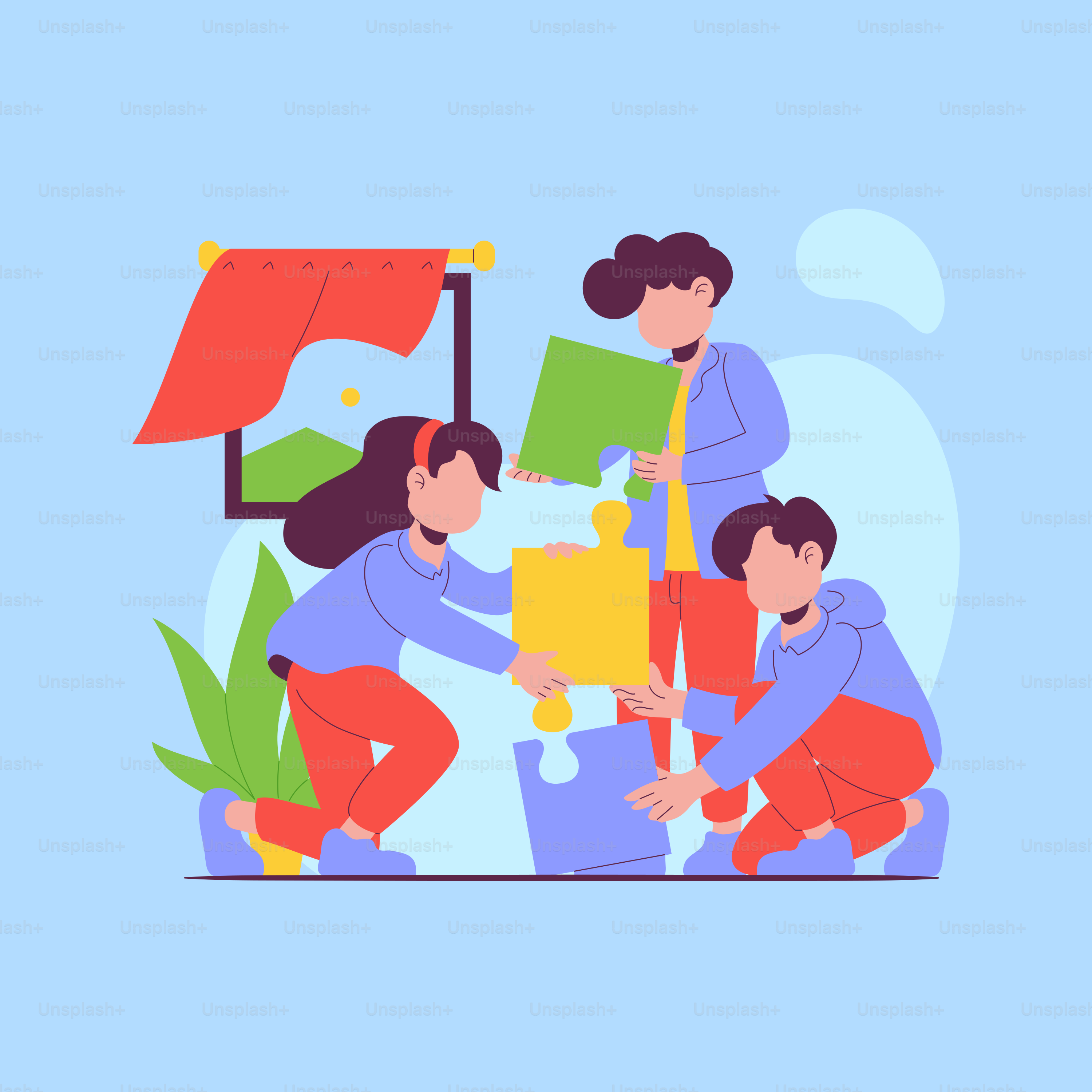 A group of people putting together pieces of a puzzle together