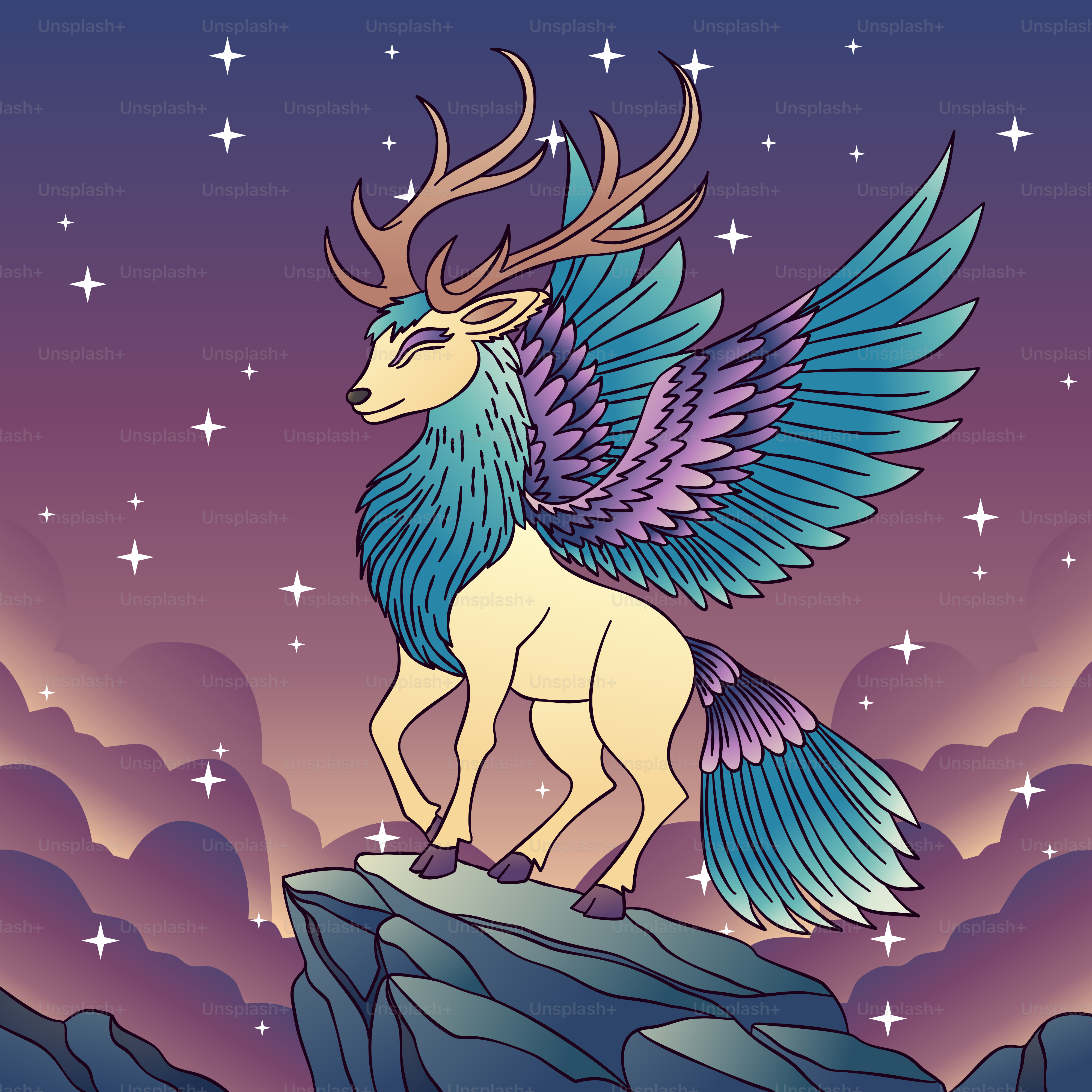 A picture of an animal with wings on top of a mountain