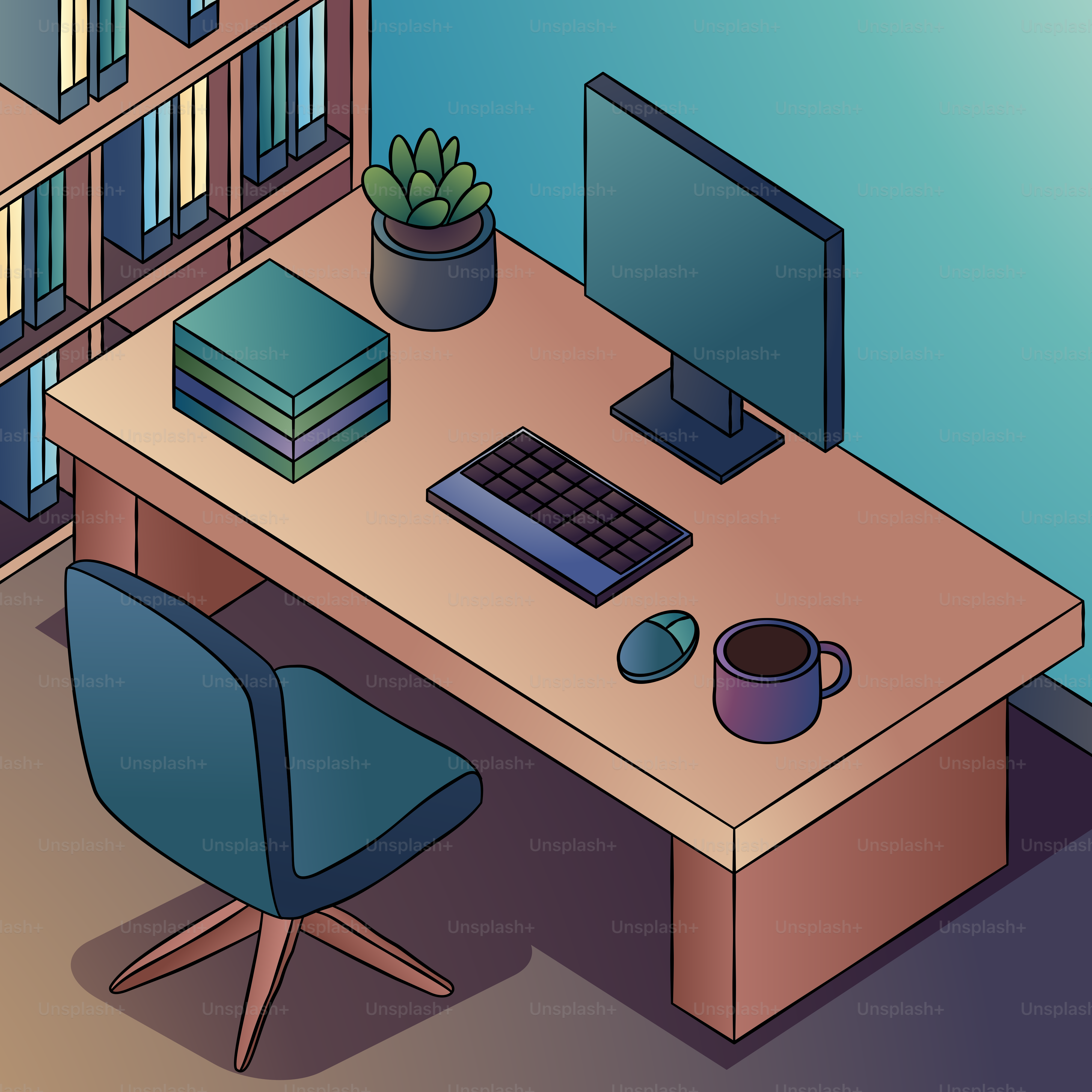 Uma mesa de computador com teclado e monitor