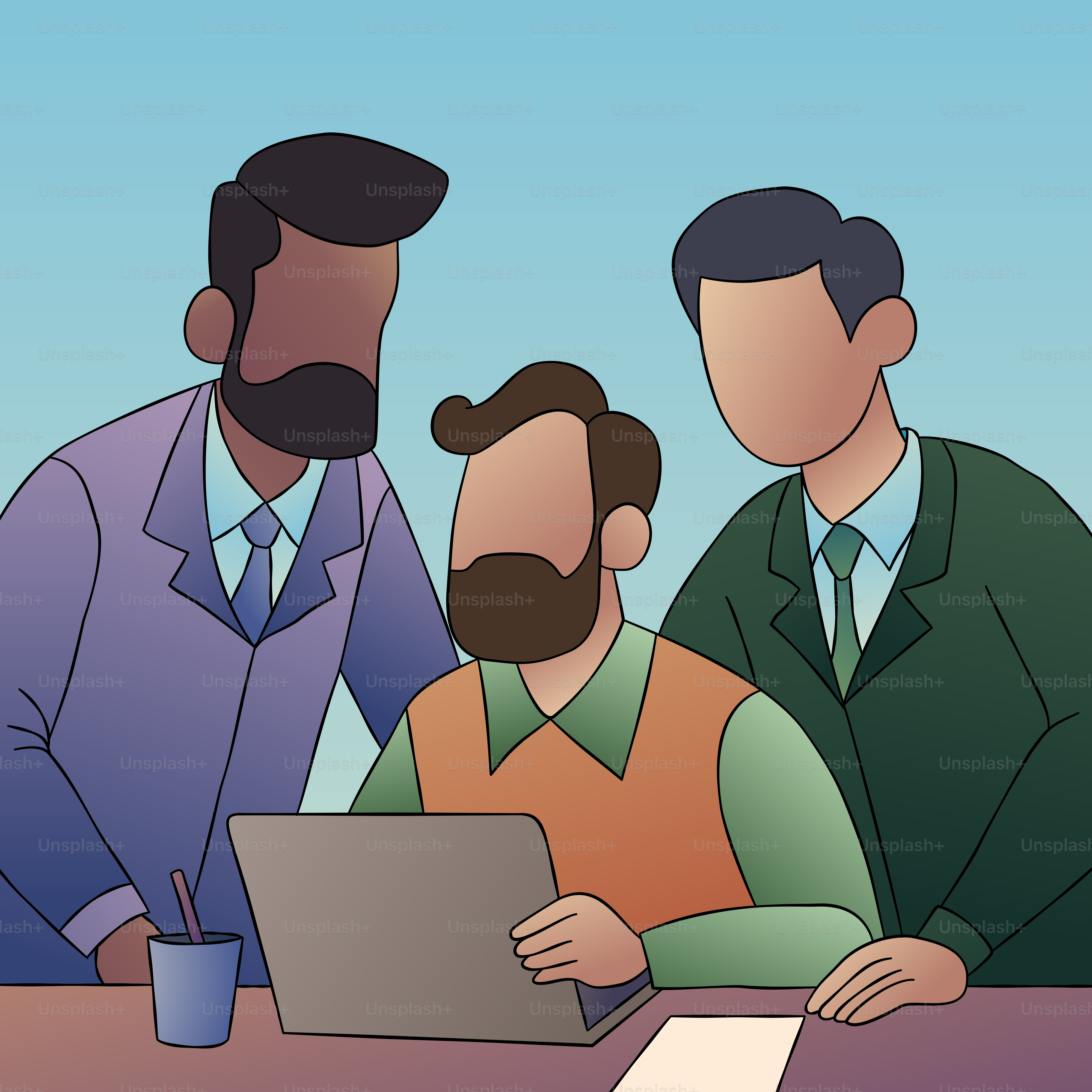 Three men sitting at a table looking at a laptop