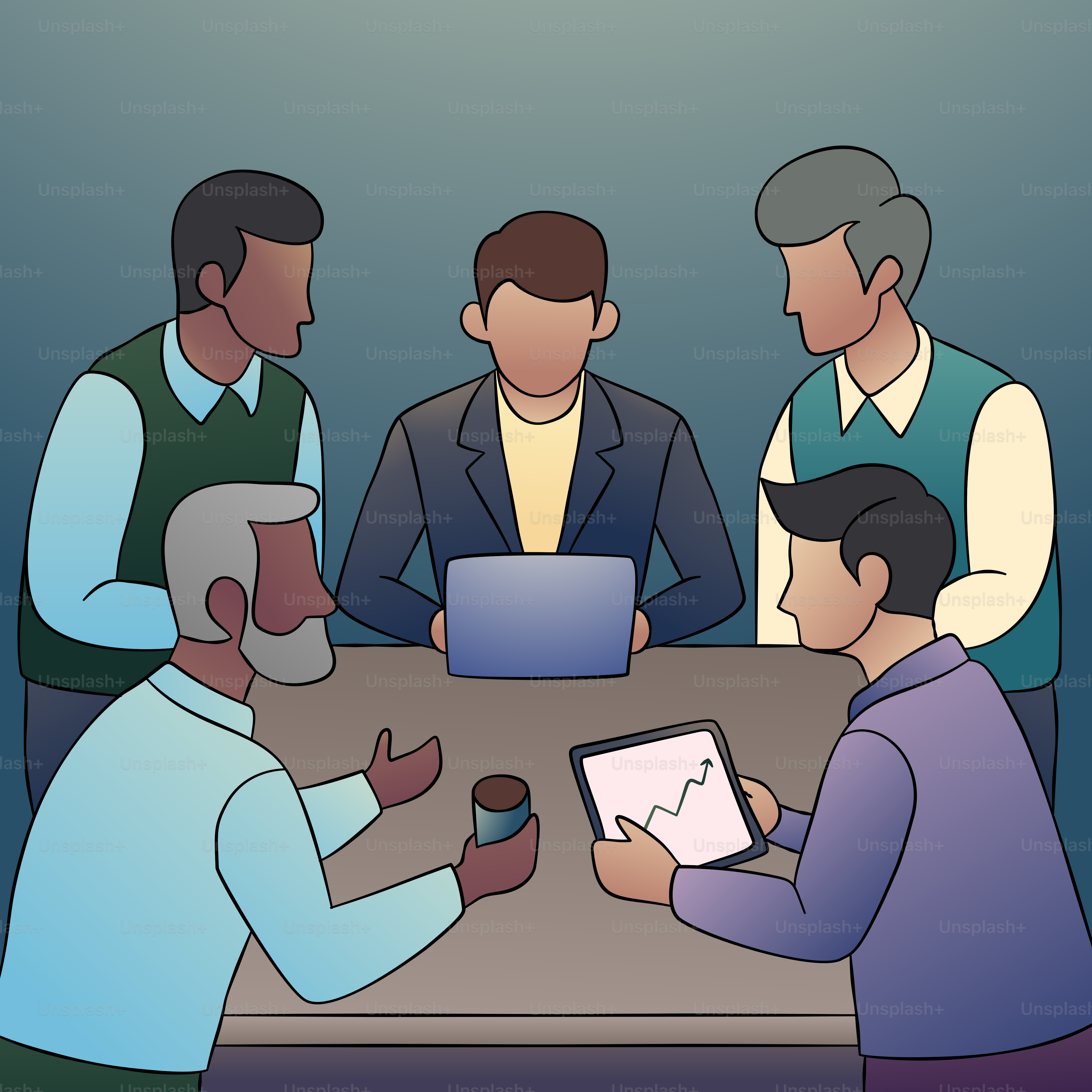 A group of people sitting around a table with a tablet