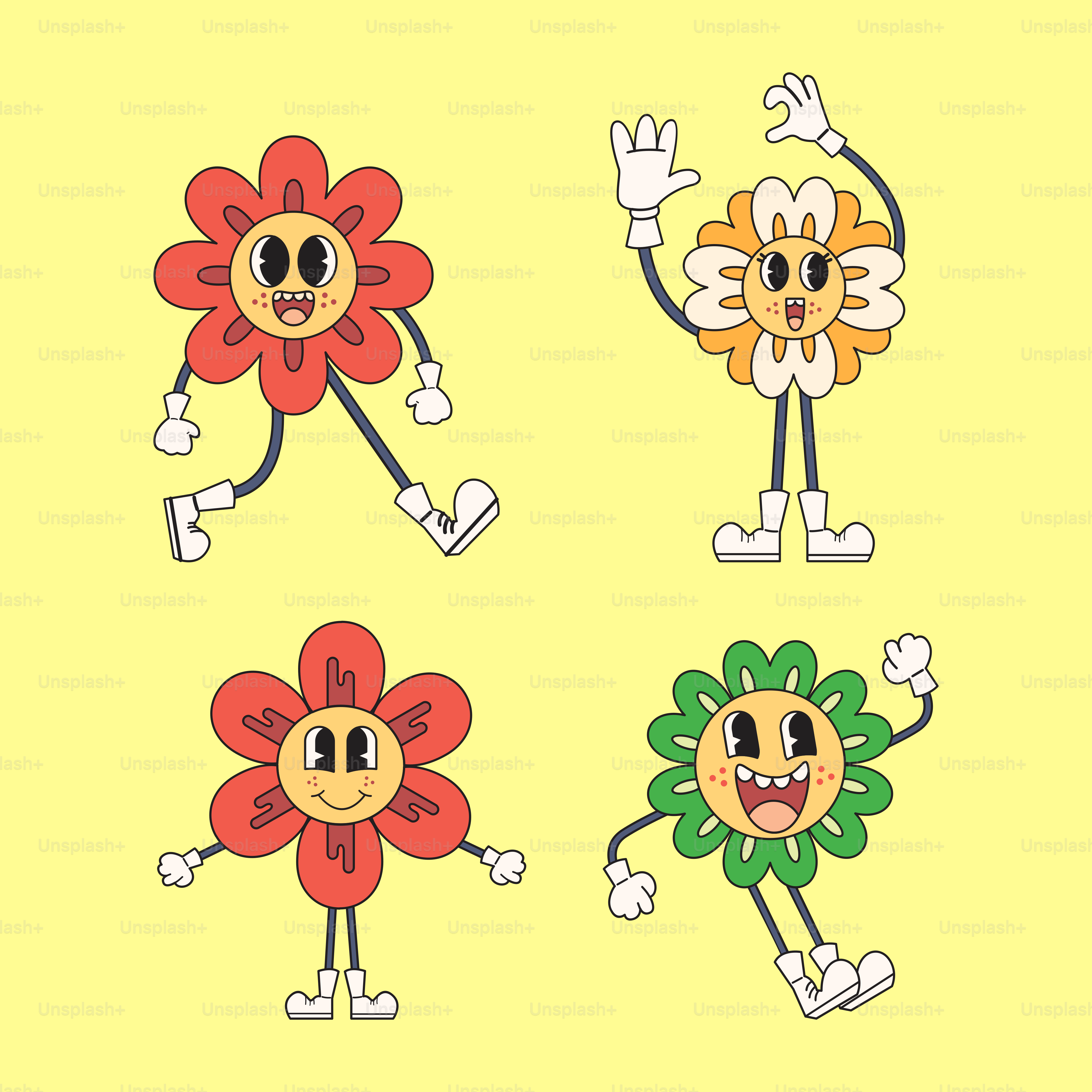 Un grupo de flores de dibujos animados con brazos y piernas