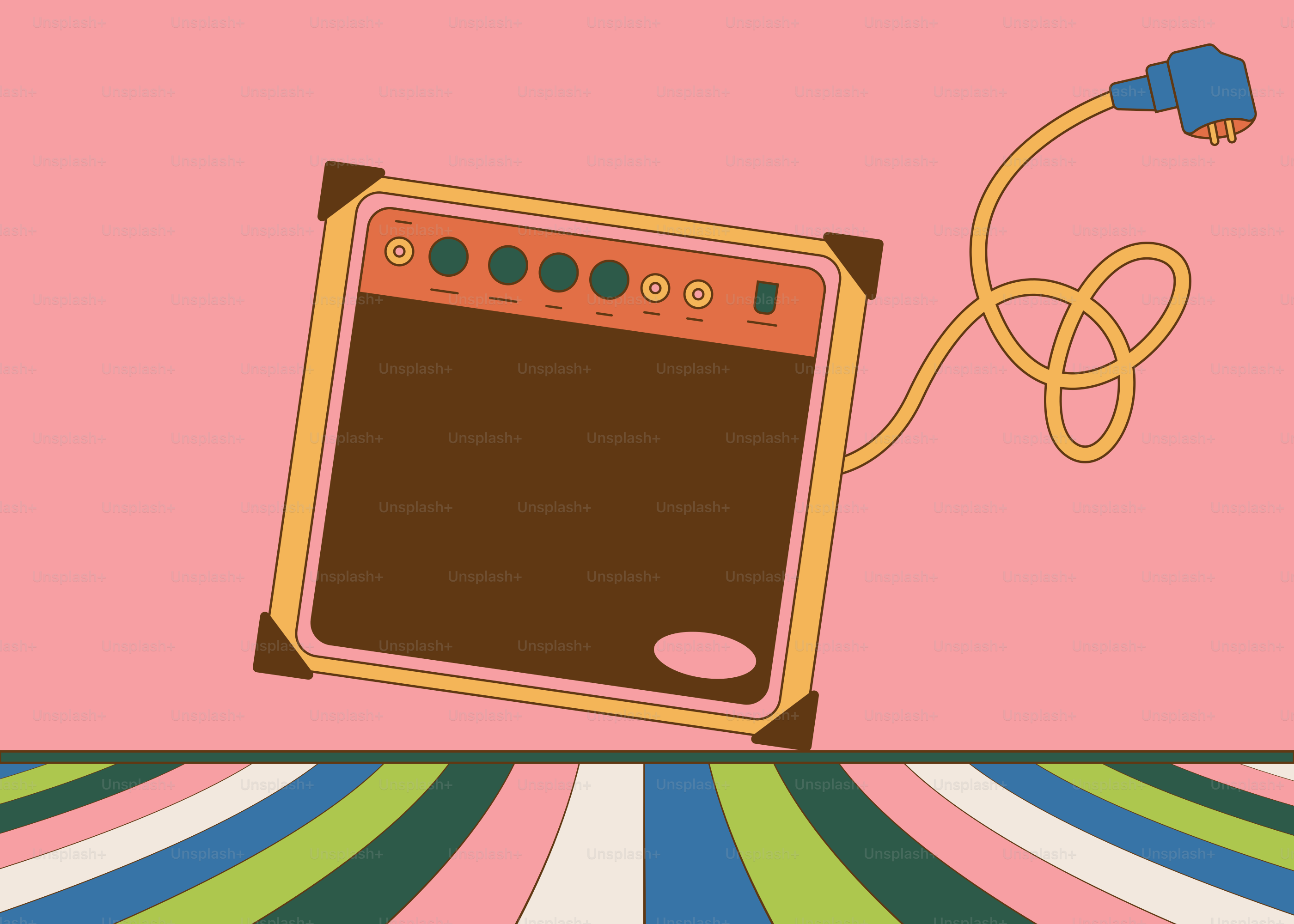 A pink background with a brown amp and a blue cord