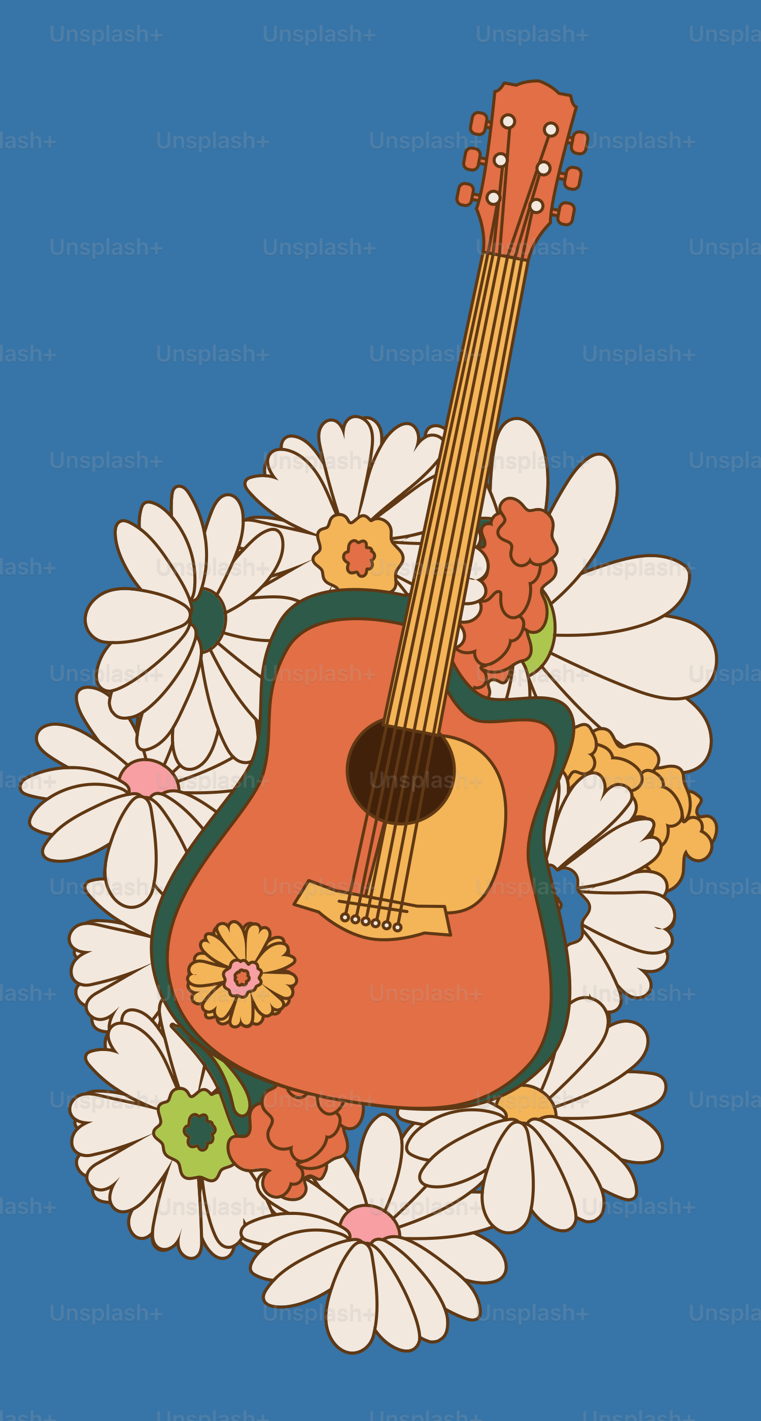 A guitar with flowers around it on a blue background