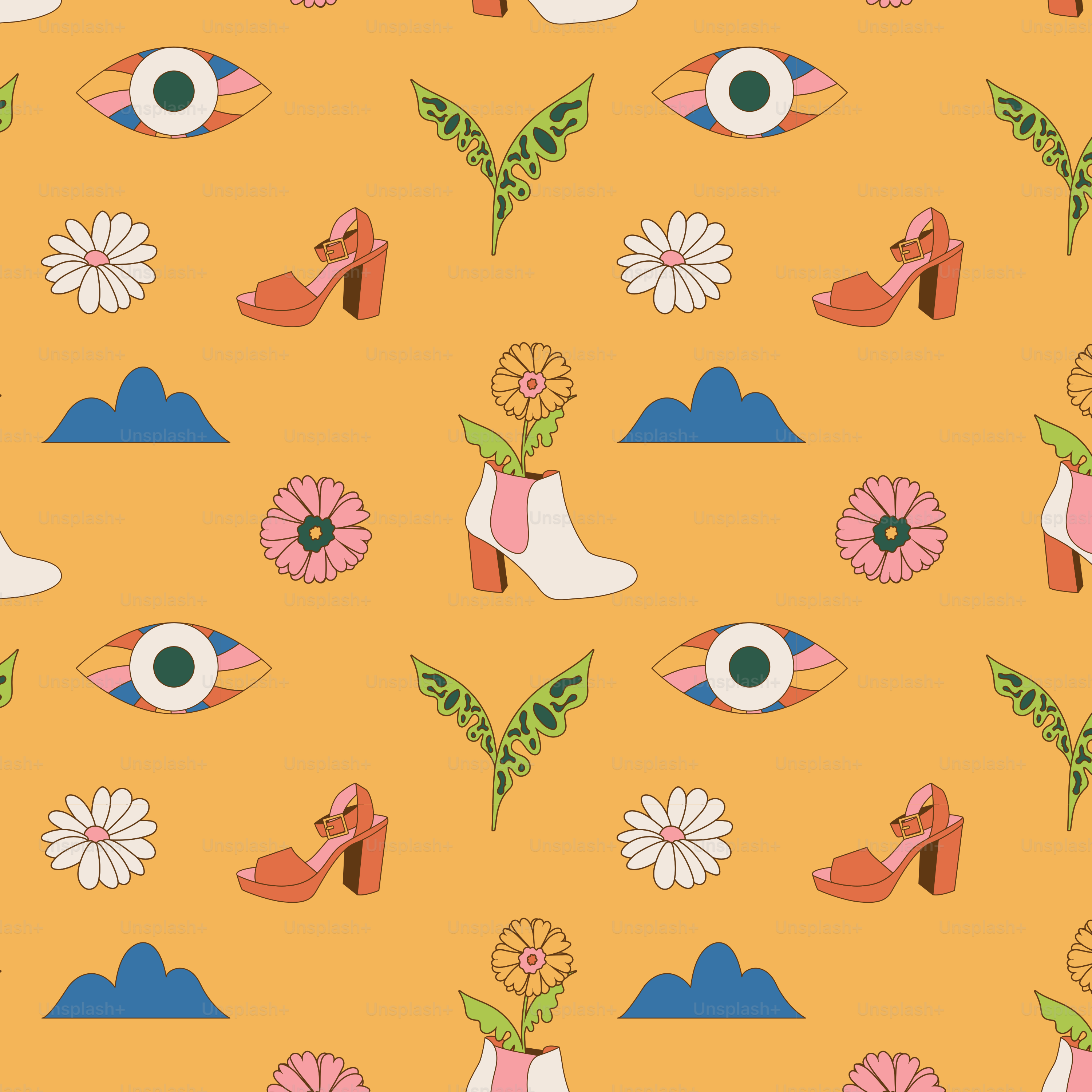 A pattern of shoes and flowers on a yellow background