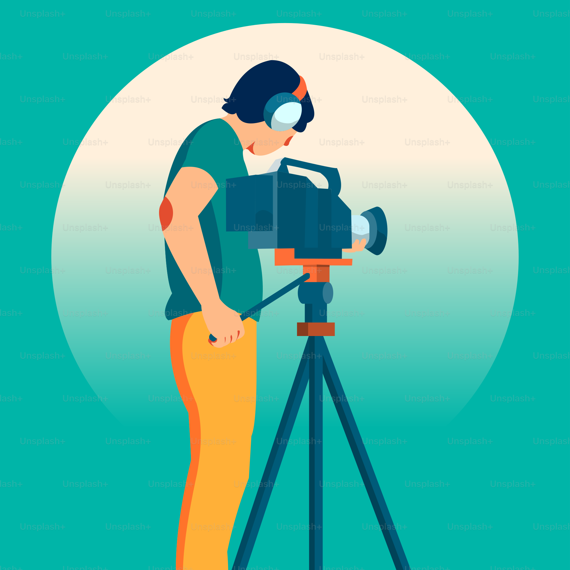 Un homme debout à côté d’un appareil photo sur un trépied