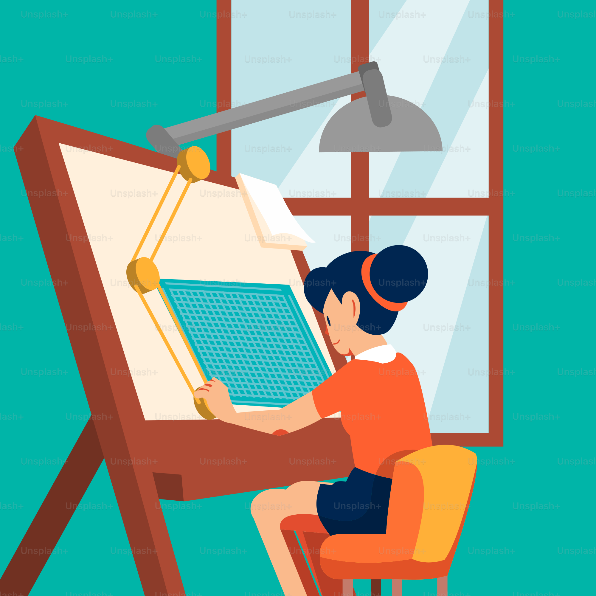 Une personne assise à un bureau dessinant sur un grand chevalet